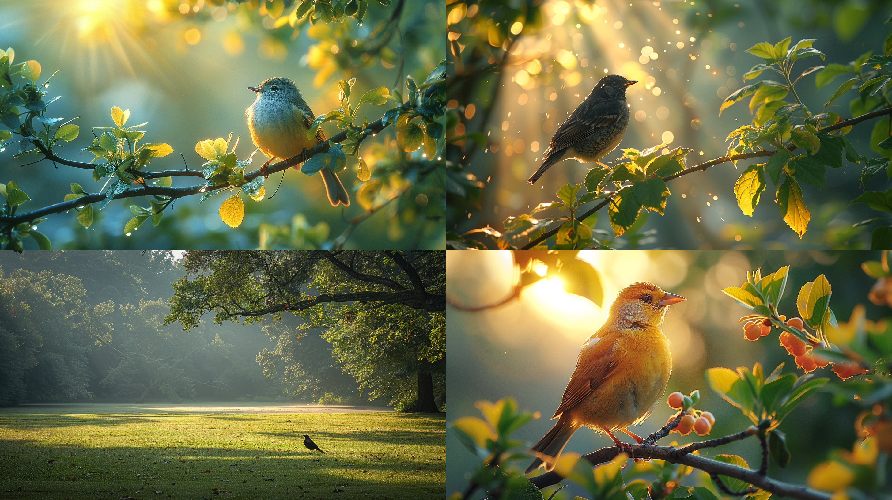 夏季风景图，阳光透过树叶洒下斑驳的光影，树木在微风中轻轻摇曳，一只小鸟停在树枝上，呈现出清爽舒适的氛围。户外环境，长焦镜头，逆光拍摄，自然色彩，宁静愉悦。