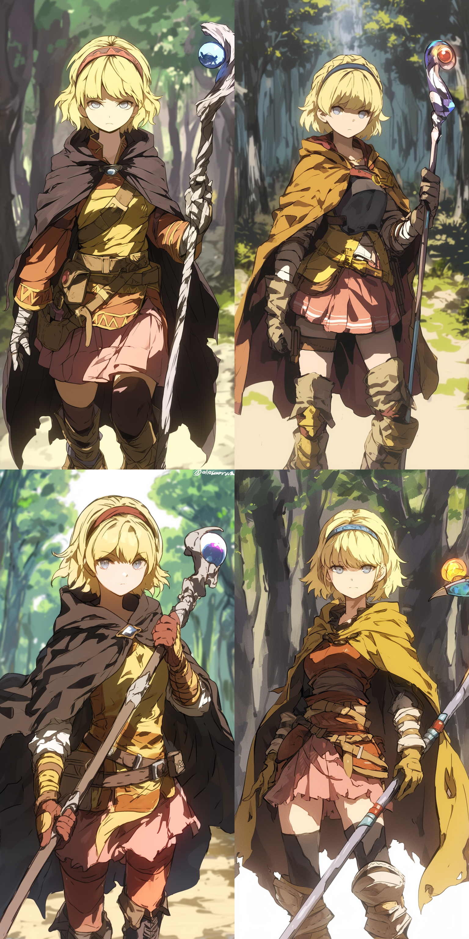 金发少女，冒险者，蓝色眼睛，披风，粉色短裙，法杖，无表情，森林中，柔和光线，中焦距镜头，温暖色调，自然元素，神秘感。