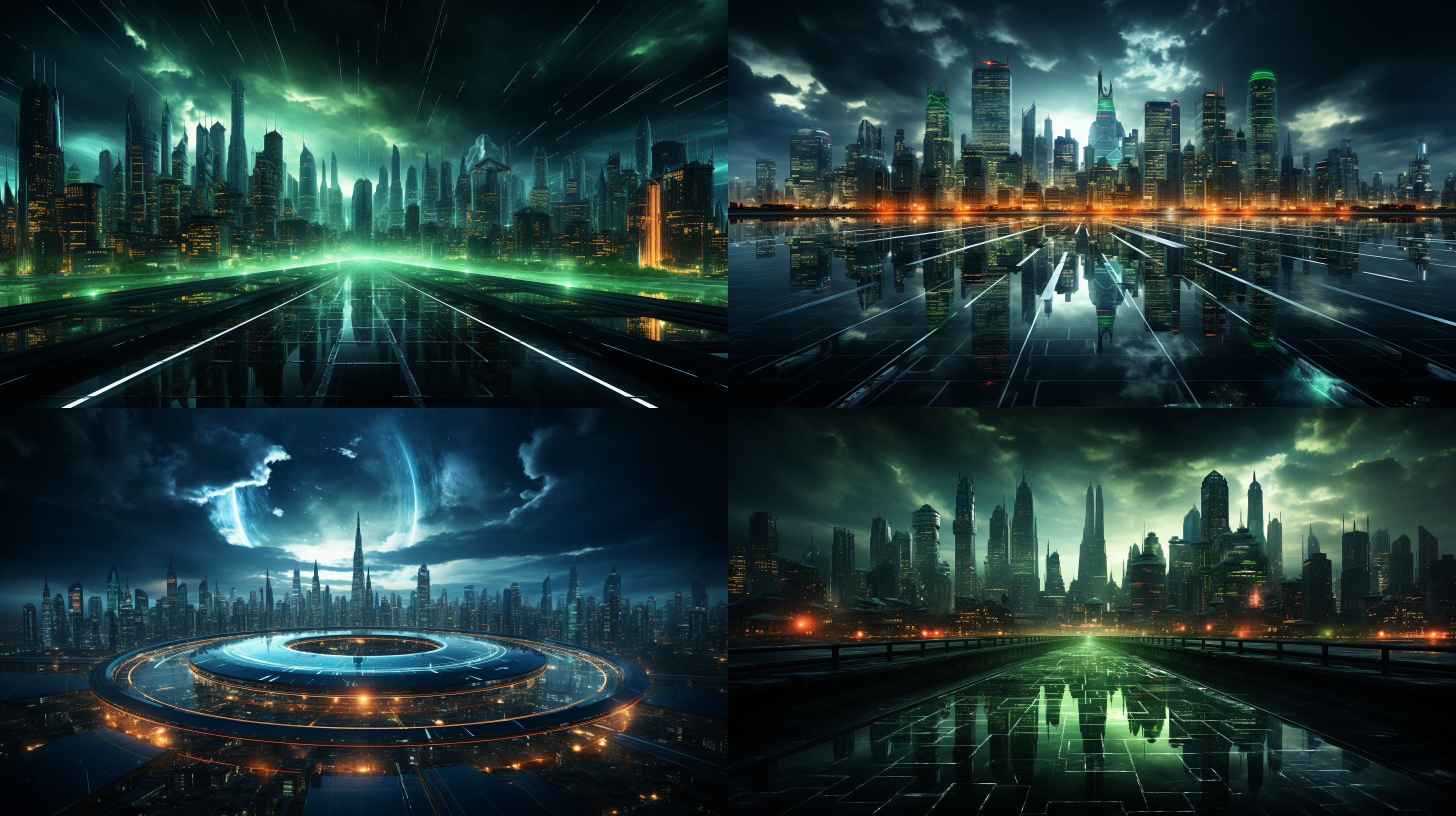 future technology background, city skyline, neon lights, skyscrapers, night, blue-green tone, fisheye lens, flowing effect, technological elements, futuristic feeling, excitement.