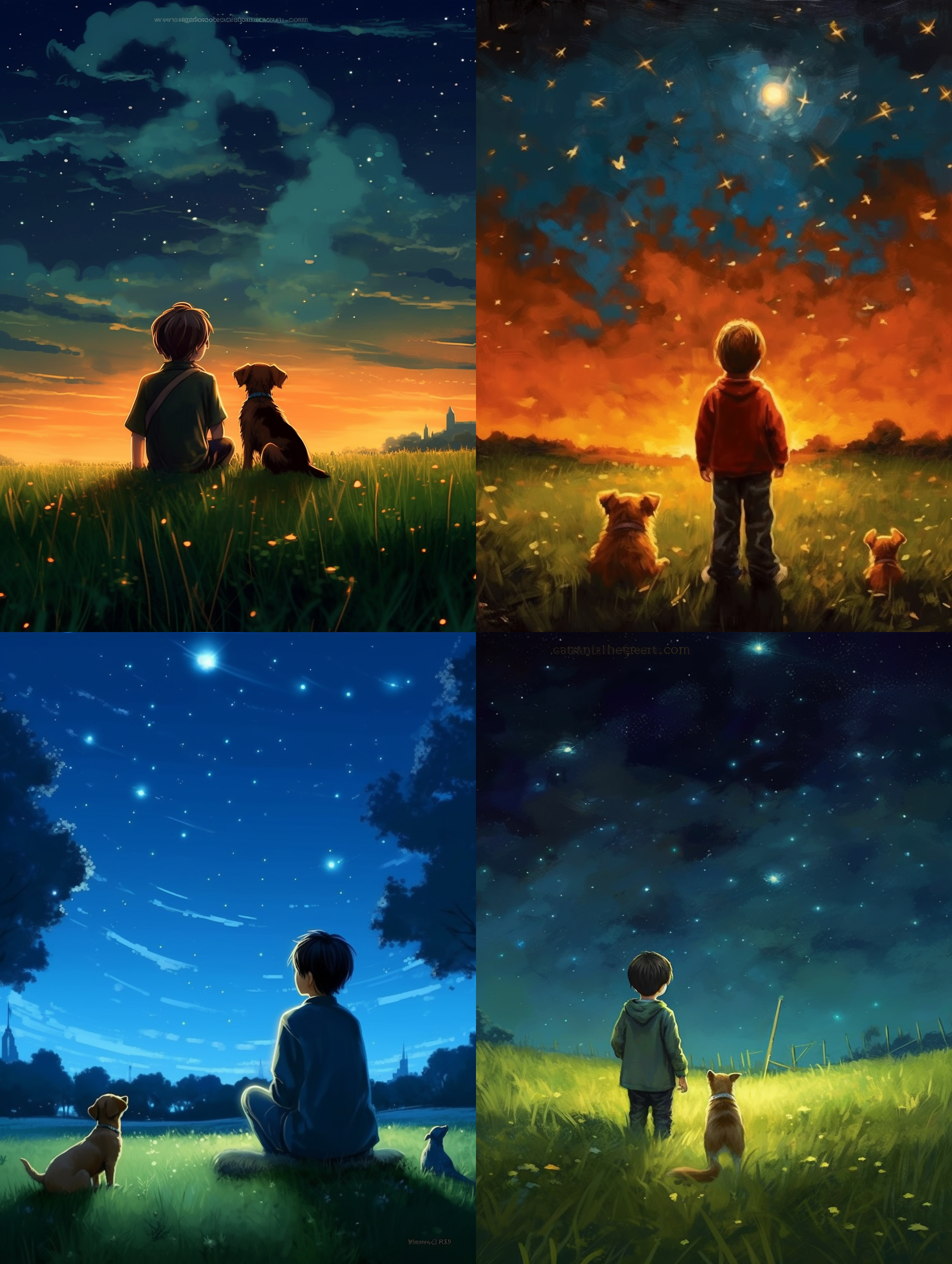 背影对坐，星空下，小朋友，小狗，拥抱，原野，蝴蝶，温情，简笔画，高质量，细节，璀璨，温暖色调，柔和光线。