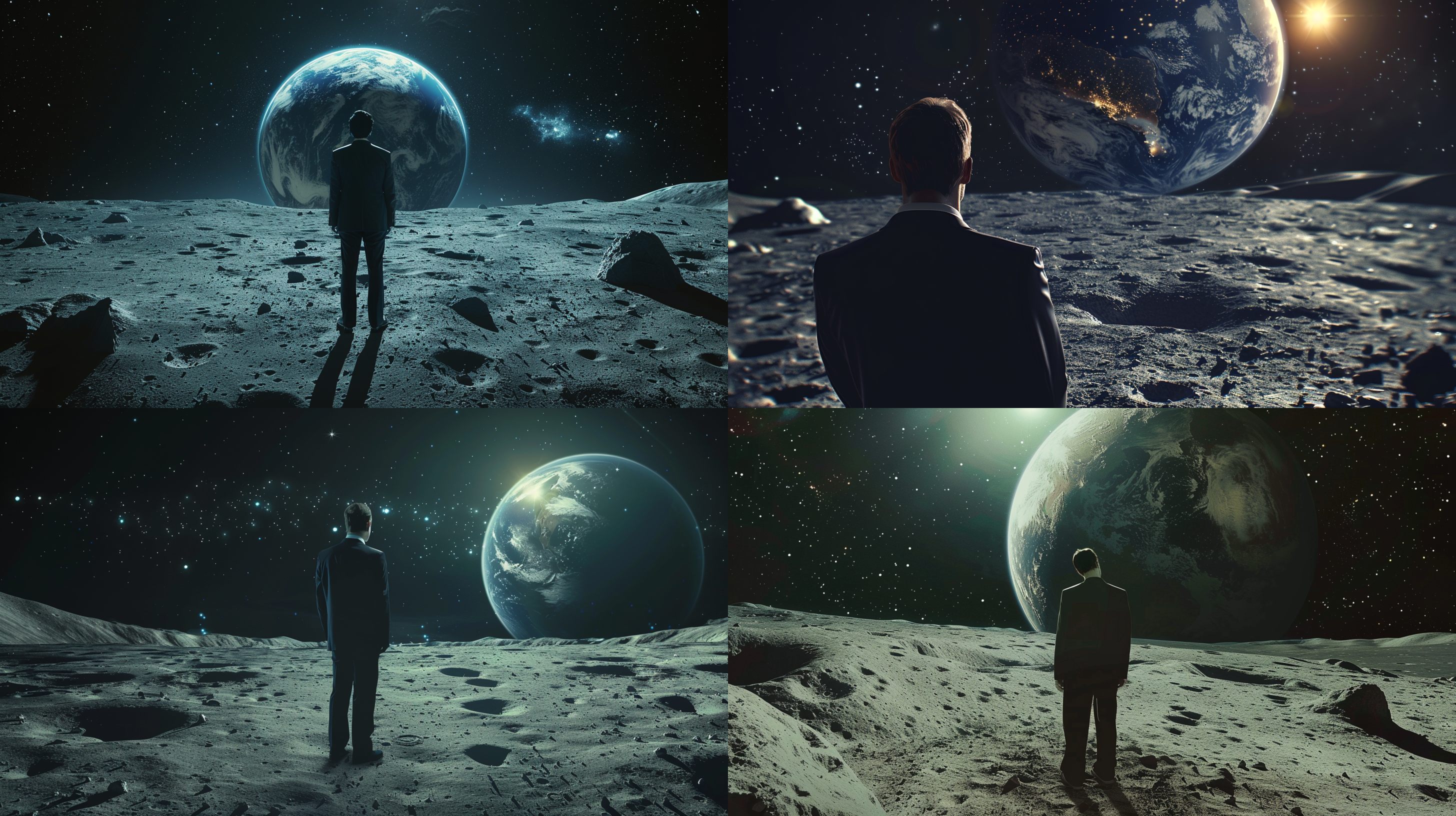 孤独男人穿西装，凝视地球，背景月球表面。光亮氛围，短焦镜头，遥远感，寂寞感。