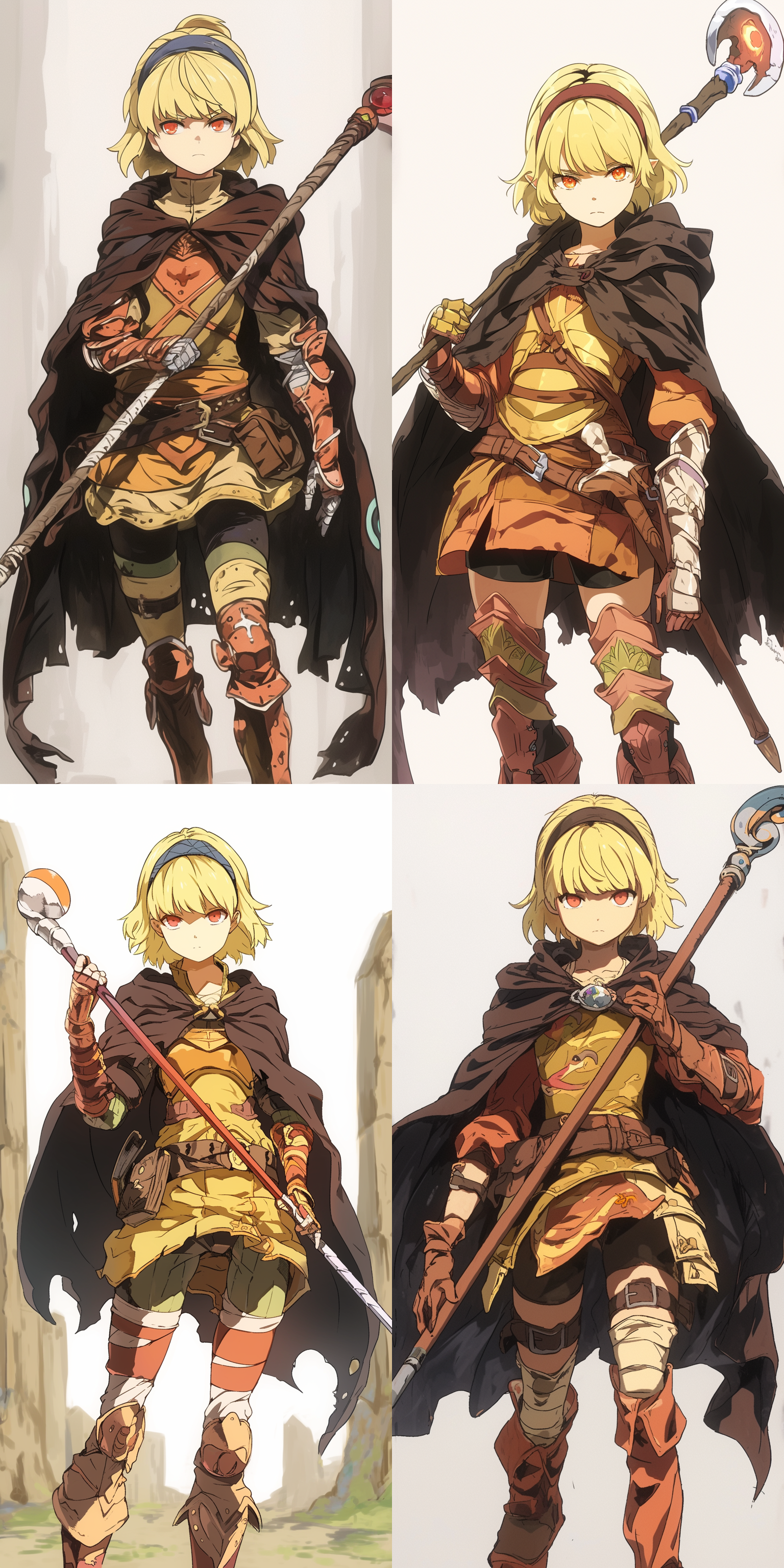 眼睛改为鲜红色，年龄16岁，个子较矮，无辫子，是五官端正有气质的金色短发美丽少女，头上戴着发箍，鲜红色的眼睛，冒险者有披风的衣服，手持法杖，如同娃娃般无表情可爱的脸