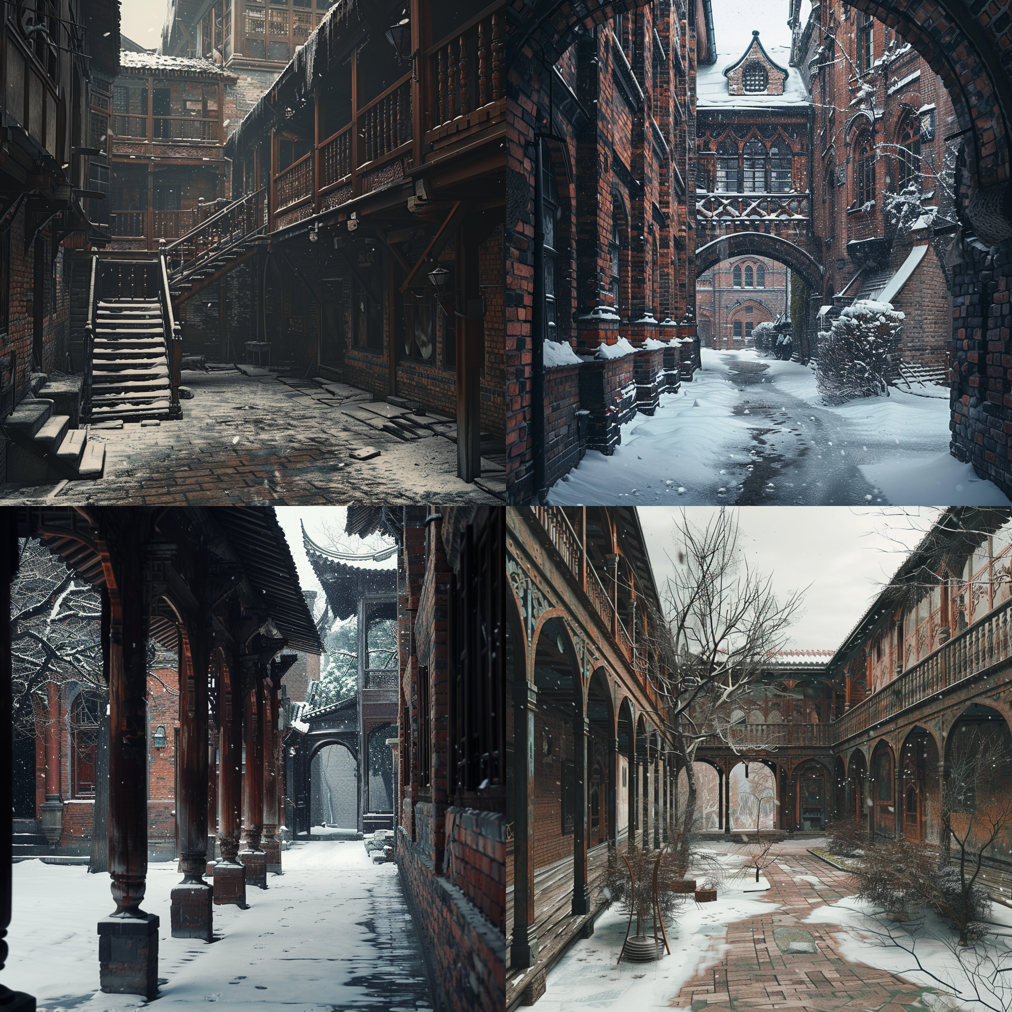 古代庭院，红墙木质建筑，雪景，优雅氛围，大气磅礴。寒冷色调，远景构图，神秘，宁静，环境，建筑，雪景，古代，氛围，色调，神秘，宁静。