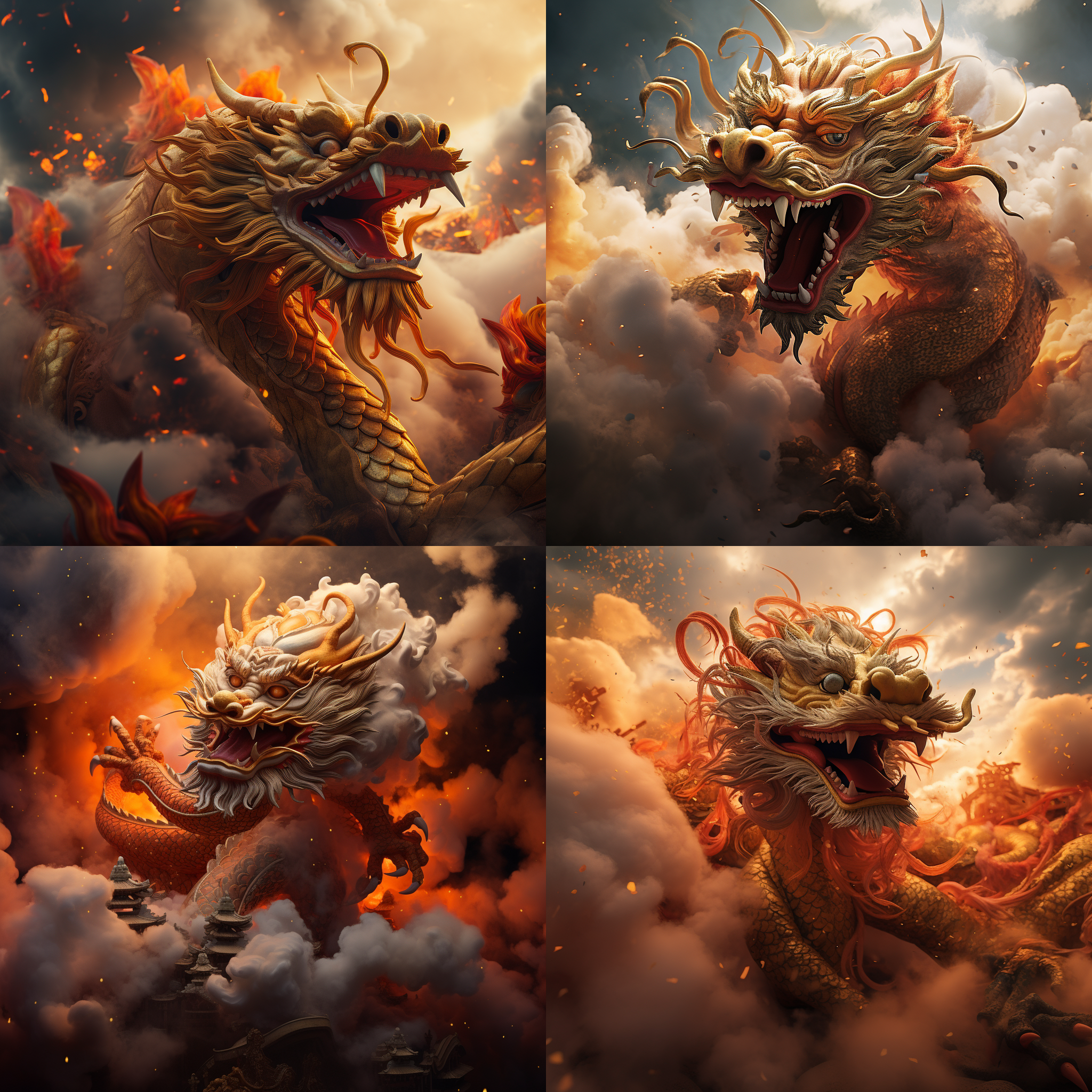 中国龙飞舞，云雾环绕，金色爪子抓龙蛋，暖色调，宽幅镜头，逆光，神秘感，动感，壮观。