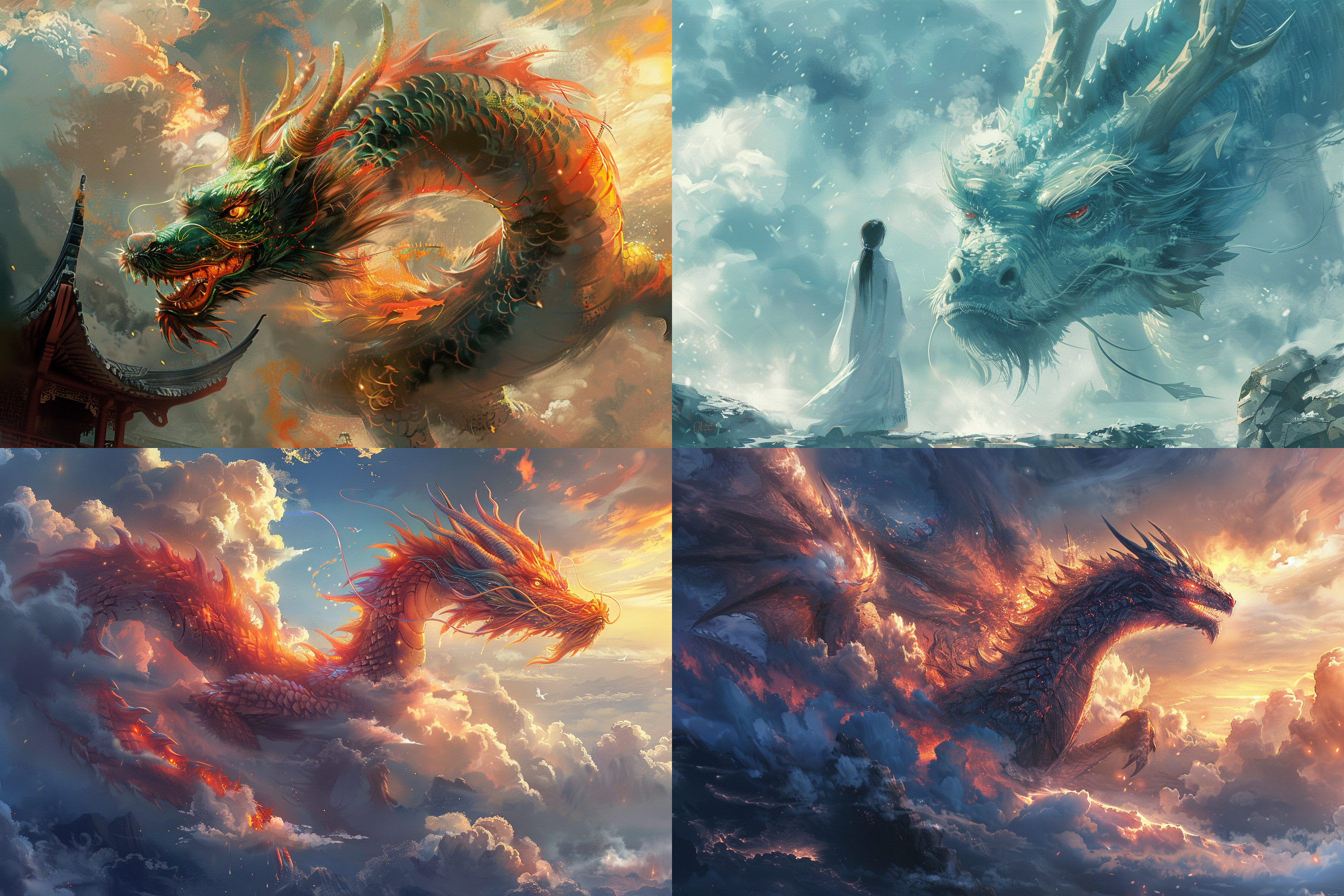the divine dragon is hovering in the sky，creating a strong visual impact and mysterious atmosphere. the artwork is in the style of ancient china and anime, with the highest quality，cg，highest quality