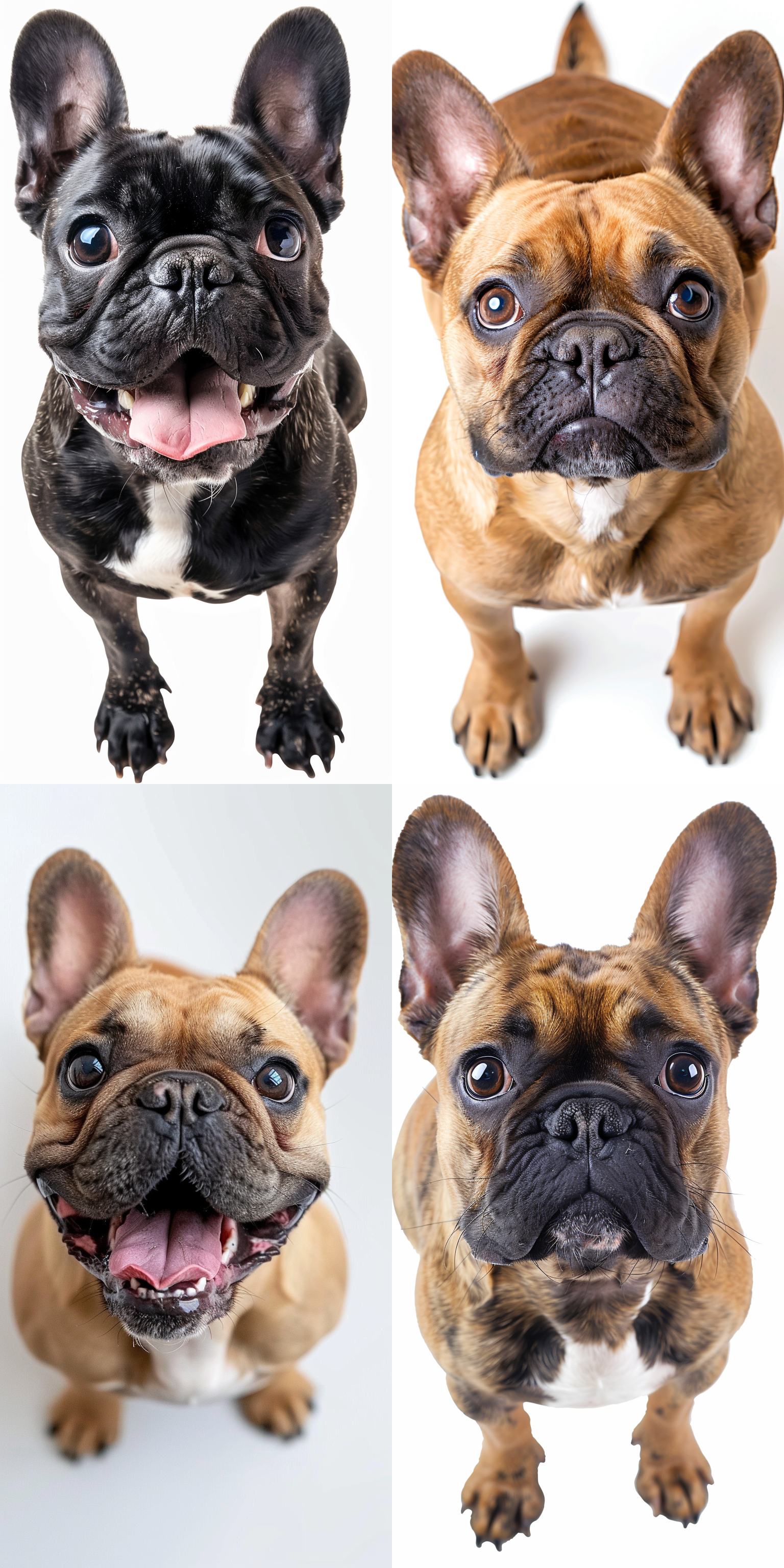 法斗，俯视角度，全身像，看着镜头，开心，真实照片，白色背景