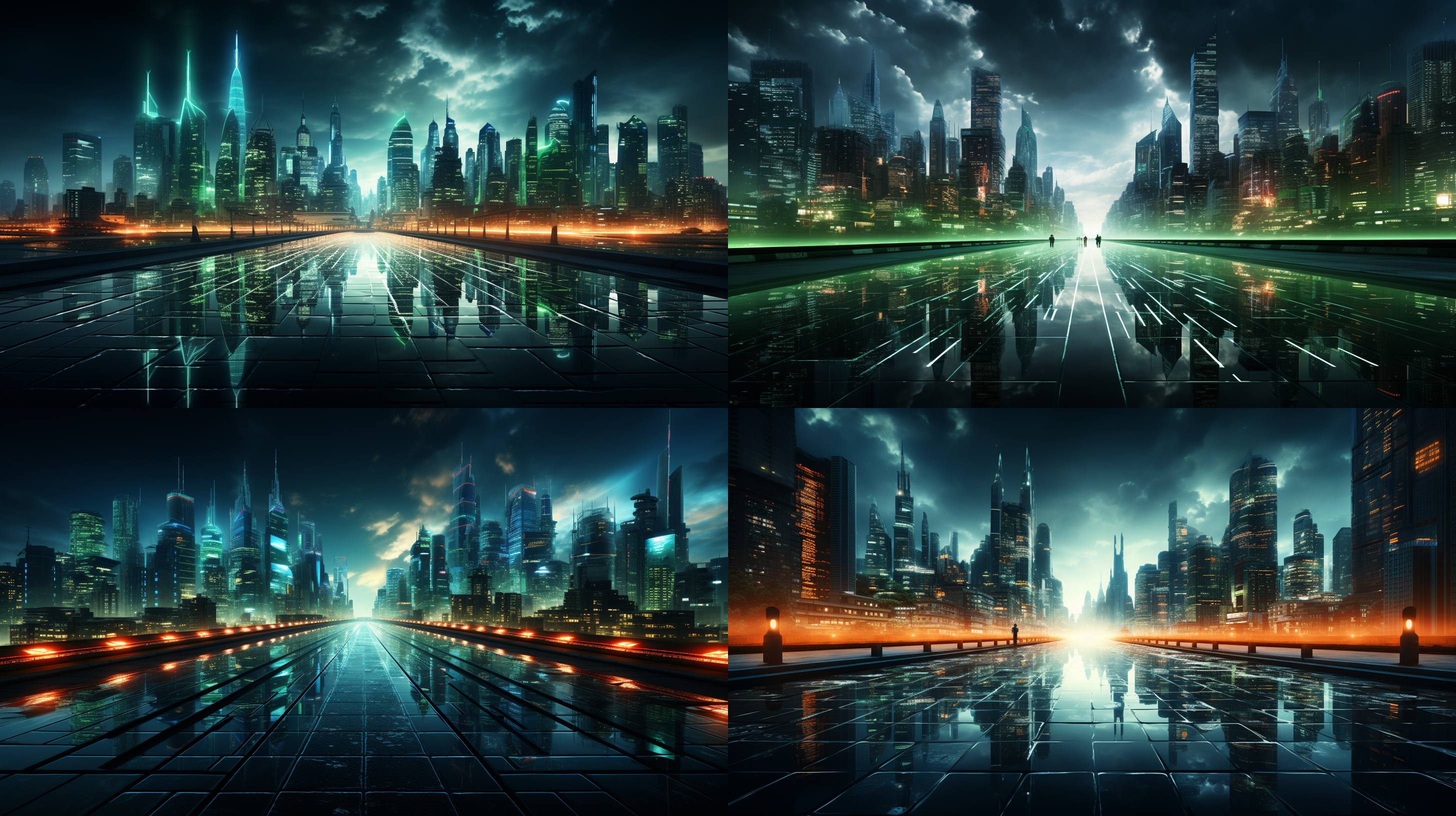 未来科技背景，城市天际线，霓虹灯，高楼大厦，夜晚，蓝绿色调，鱼眼镜头，流动效果，技术元素，未来感，兴奋。