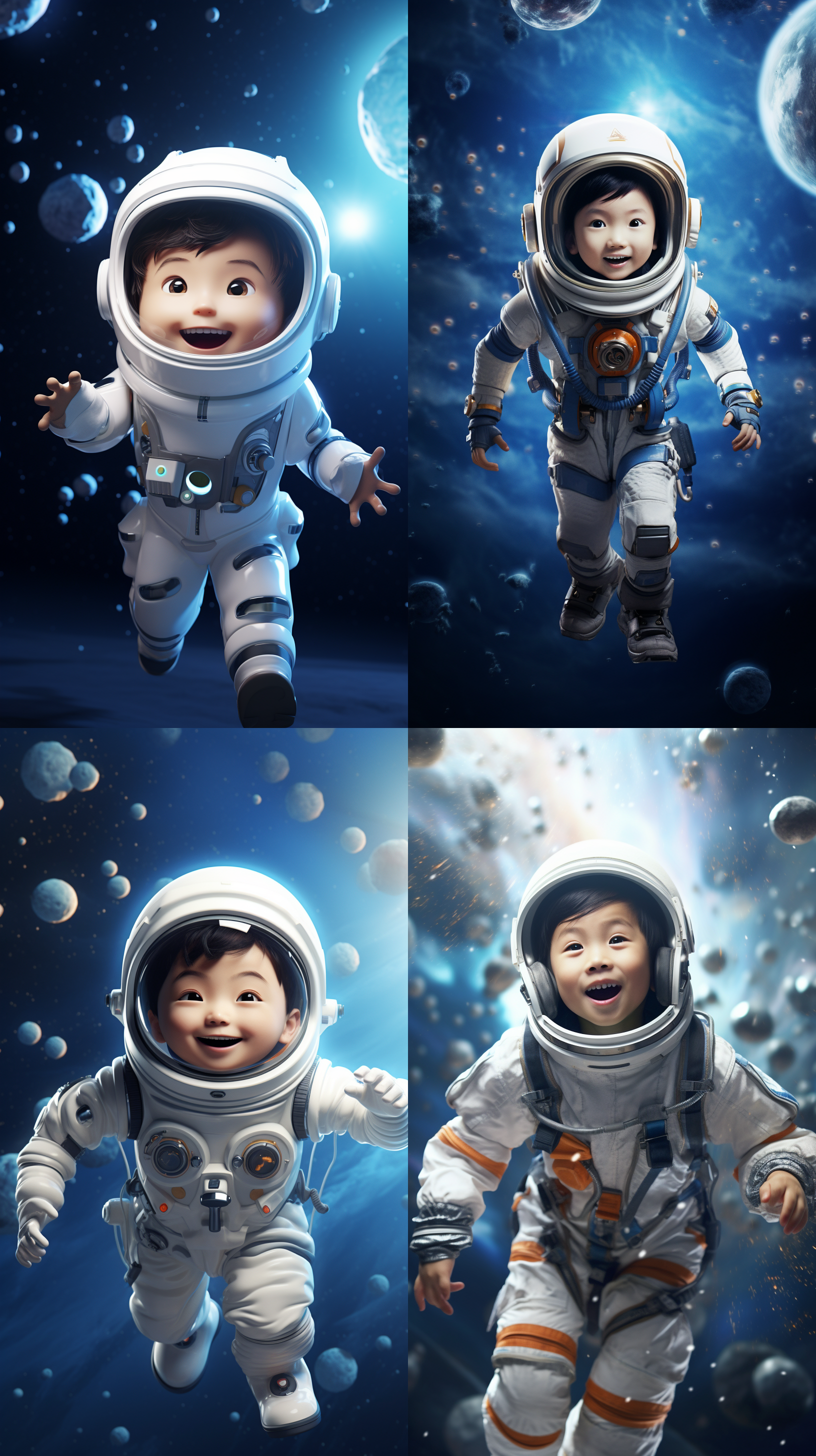 中国小男孩穿宇航员服，黑眼睛，衣服上印有五星红旗图案，漂浮在浩瀚宇宙中，开心表情，全身像，超现实主义，未来主义，电影灯光，面部细节，高质量，32k，c4d，3d，手机海报，人物占四分之一，大面积留白