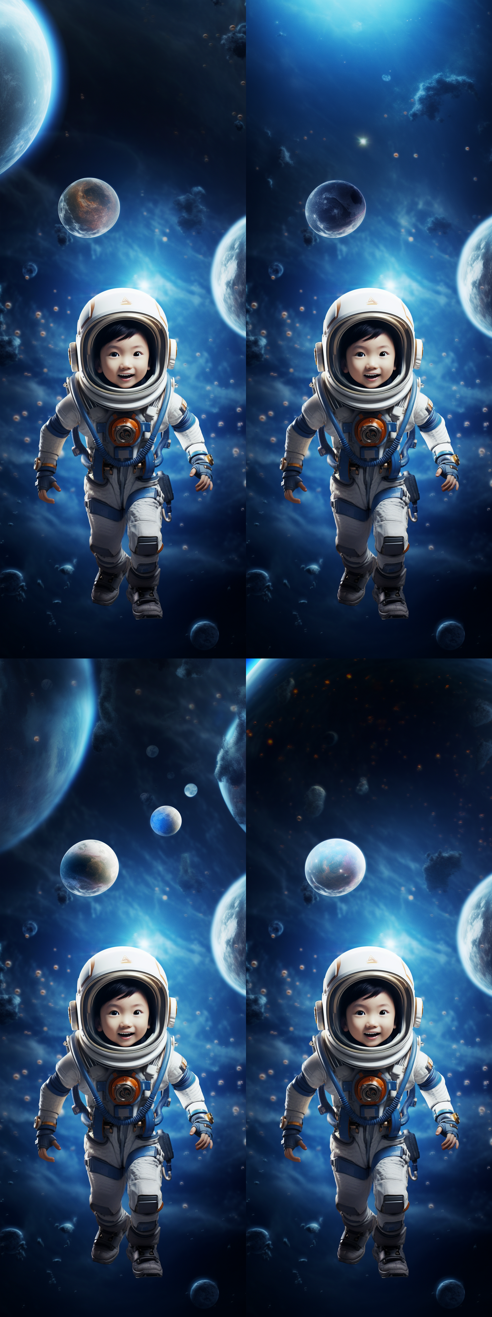 中国小男孩穿宇航员服，黑眼睛，衣服上印有五星红旗图案，漂浮在浩瀚宇宙中，开心表情，全身像，超现实主义，未来主义，电影灯光，面部细节，高质量，32k，c4d，3d，手机海报，人物占四分之一，大面积留白