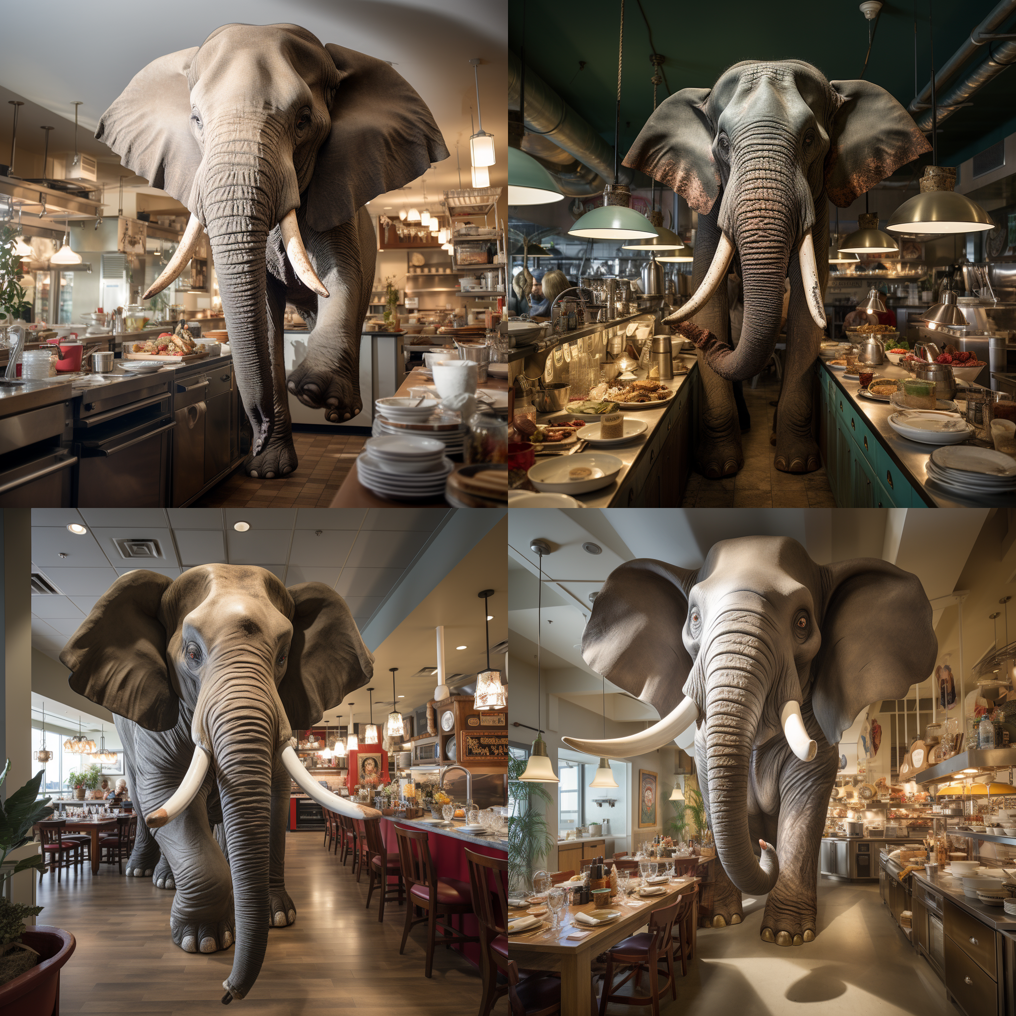 笑眯眯的大象在大尺度u厨餐厅，全身入镜，中远景视角，超现实摄影风格，明亮色调，鱼眼镜头，环境光，互动，幽默，欢乐。