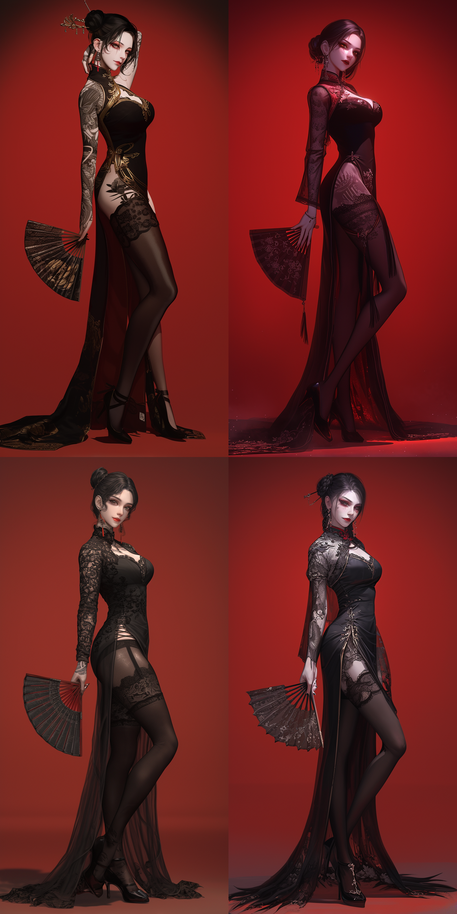 vampire，发髻，精美的发钗，折扇，纹身，蕾丝，旗袍，黑色丝袜，高跟鞋，背景是歌剧舞台，全身，真实比例，阴暗的色调，邪恶的气质，6k 虚幻引擎 三维 oc渲染器