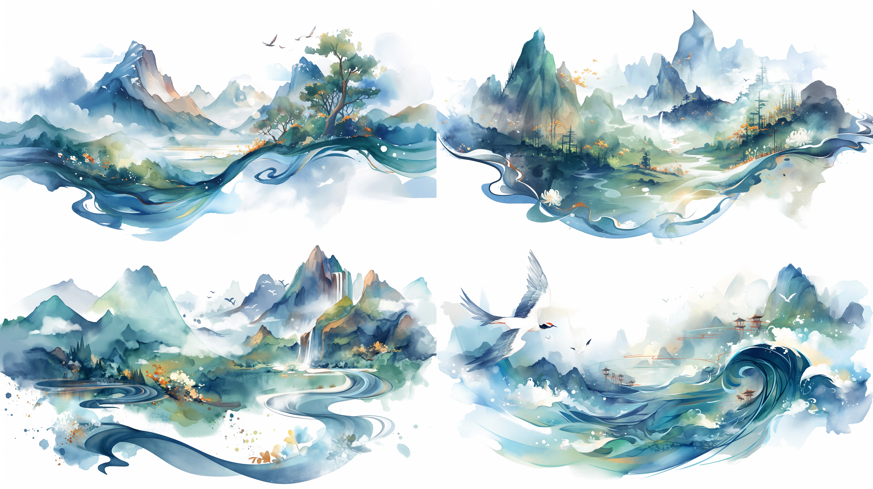 泼墨山水画，一幅画卷展开，山水坐落在花卷上，整体以青色和蓝色为主，国潮风格，水墨渲染，纯白色背景，超清渲染，细节丰富，高饱和度，高清晰度。