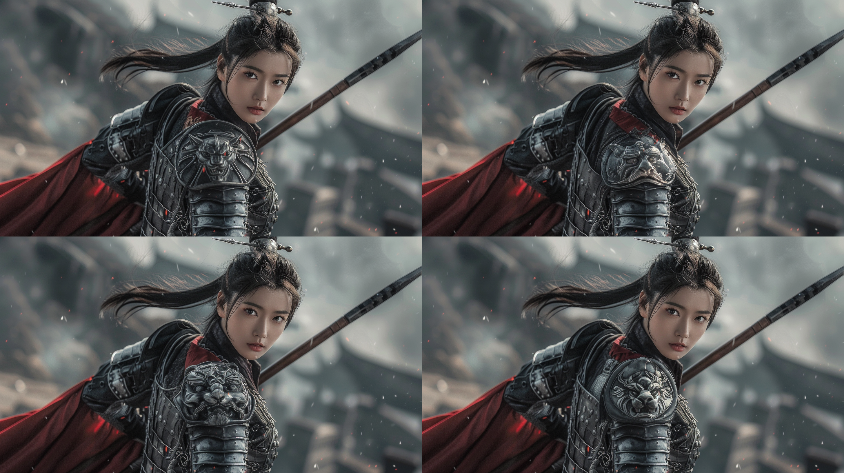 唐朝风格黑色金属铠甲，银丝虎头肩甲，胸部光滑甲片，26岁女性，不带头盔，马尾辫，背后红色披风，手拿丈八长枪，背弓箭，战场背景，暗色调身材九头身，全身远景，大光圈，逆光，神秘，柔弱。