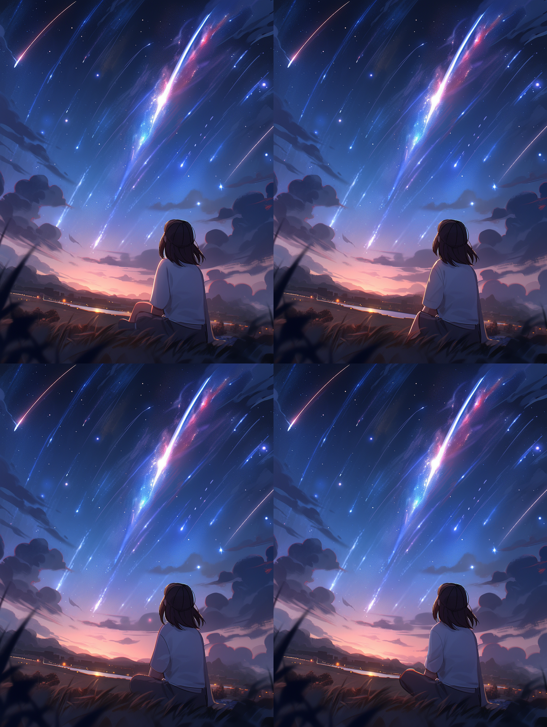 两个背影，小朋友和小狗并排坐着，眺望星空和原野，温馨依偎，细节精致，简笔画风，璀璨星空，辽阔原野，飞舞蝴蝶或萤火虫，惬意温情。高质量画质，简笔画风格，星空，温馨，温暖色调。