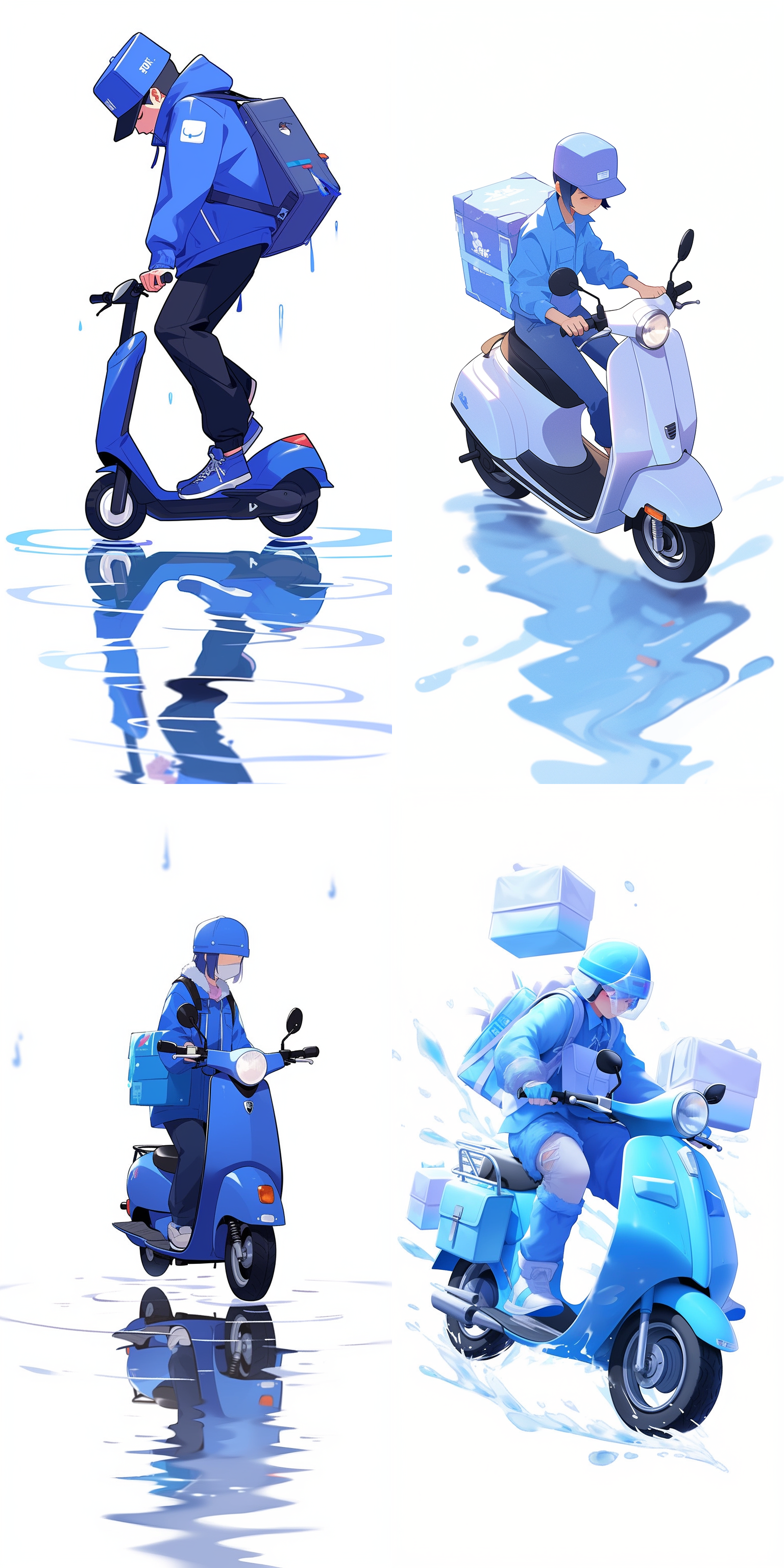 饿了么外卖员戴着蓝色安全帽，穿着蓝色衣服，骑着电动车在公路上奔走，地上有积水，积水被溅起来，白色背景，3d卡通，超高分辨率