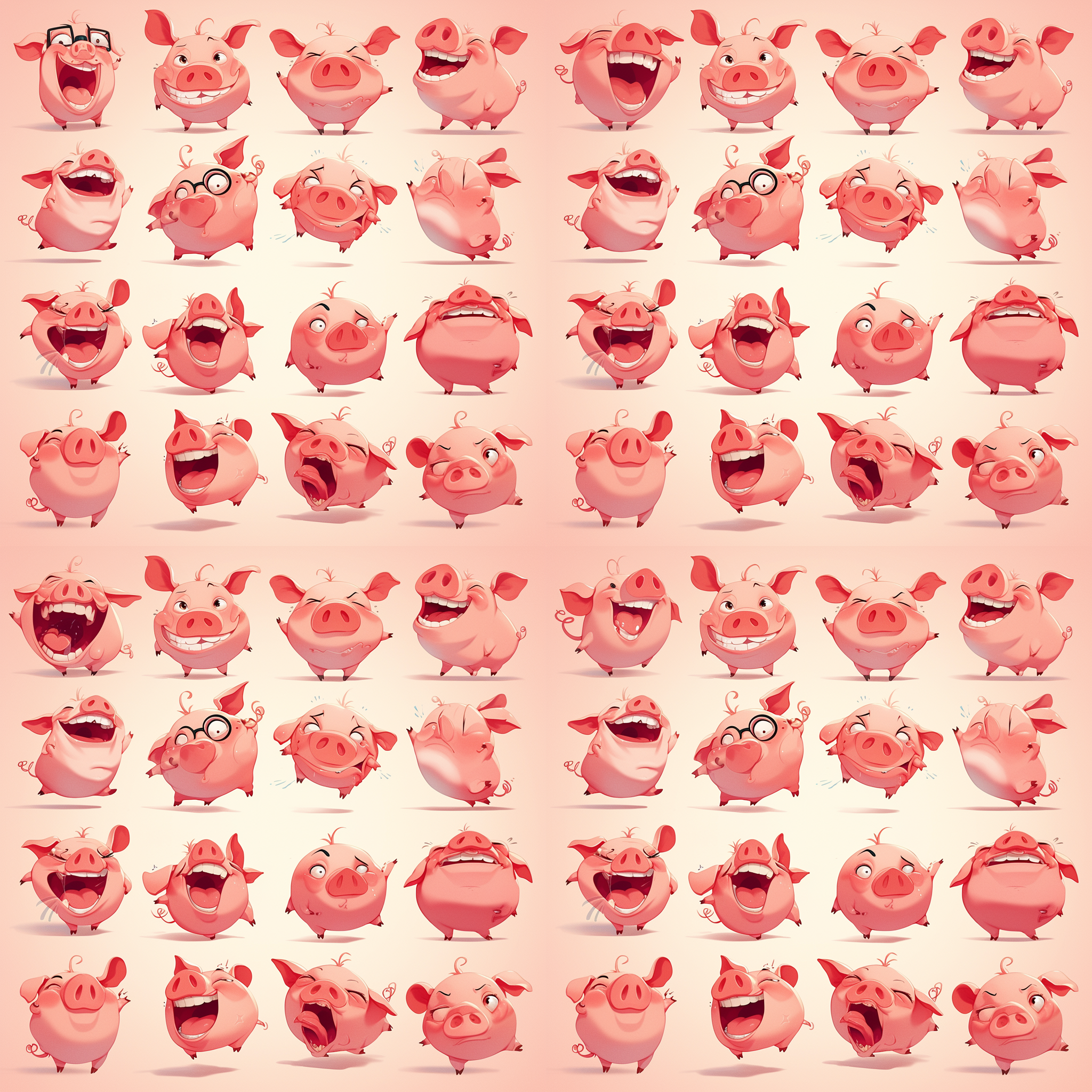 动漫宠物猪表情包，排列整齐，色彩鲜艳，萌萌的动漫风格，猪拟人化，喜怒哀乐，各种表情，背景简洁，透明背景，正面光，高清晰度，光滑细节，生动活泼。