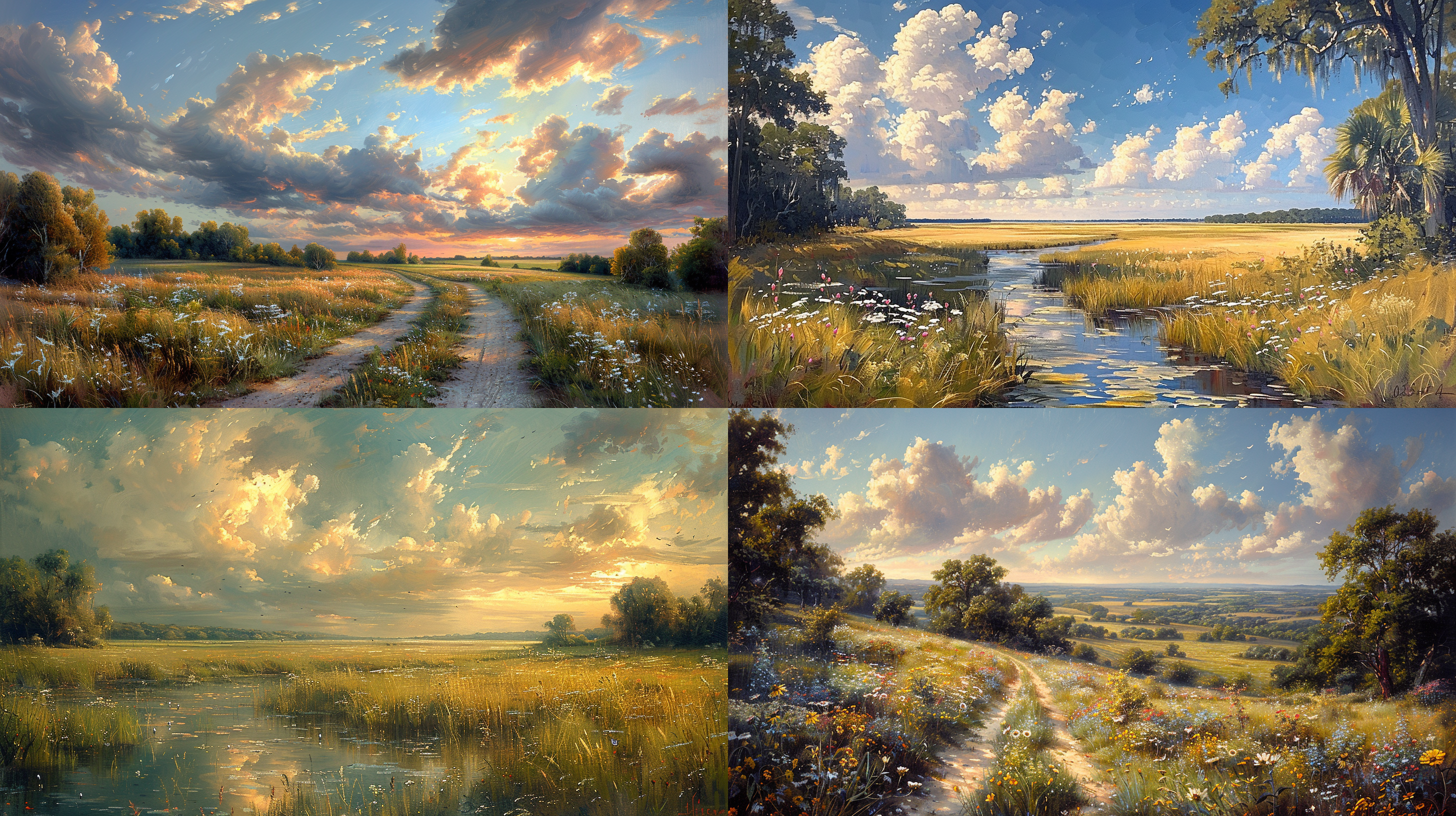 田园风光的手绘油画，用厚重的油彩勾勒出精细的肌理感。画中展现着一片宁静的田野，绿树成荫，云彩飘逸，阳光洒在大地上，温暖而宜人。手绘油画的肌理感使得整幅画面更具立体感和触感，让人仿佛能够感受到自然的温暖与美好。