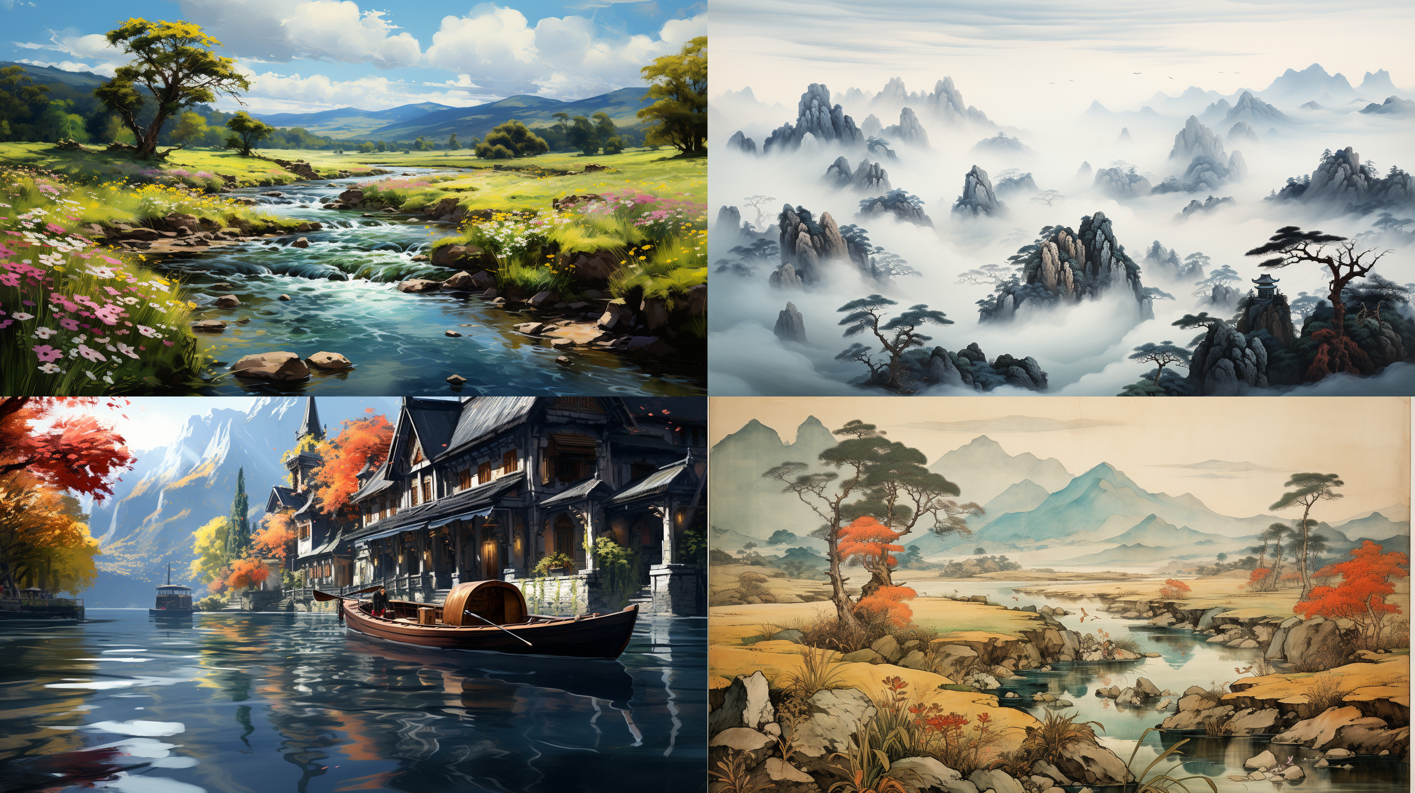 the chinese landscape painting, showcasing the vast and beautiful mountains and rivers, depicts the five major river systems with its majestic and steep terrain. this oil painting presents an all-encompassing panorama, masterfully rendered in the traditional ink wash style. it captures the grandeur of nature through a wide-angle lens, presenting both distant and close-up views. the painting exudes a sense of tranquility and harmony, with its predominant blue tones adding to the serene ambiance.