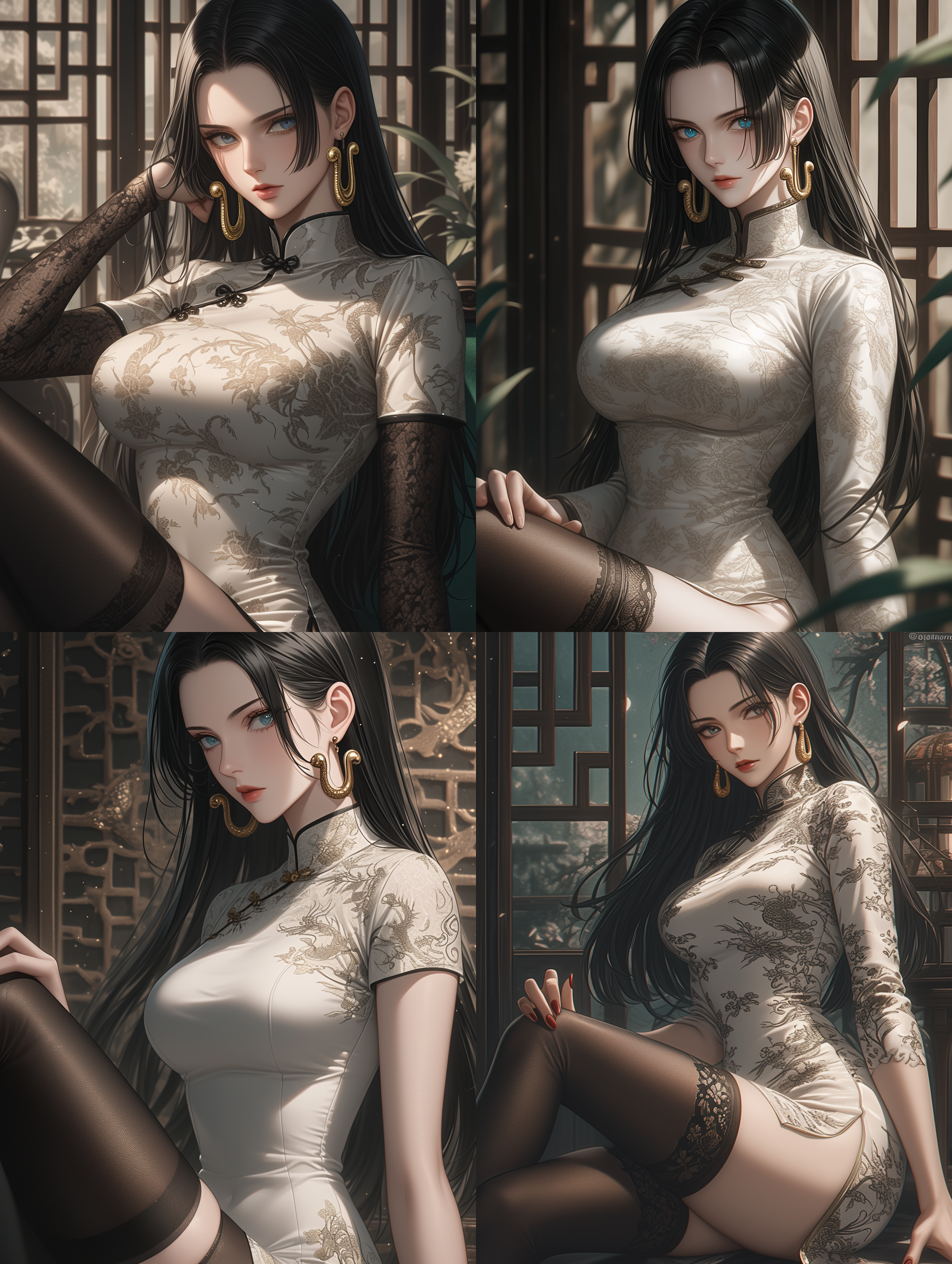 海贼王女帝·波雅·汉库克，手特写，眼睛特写，坚定的眼神，白色旗袍，黑色过膝袜，大长腿，后面一排排灯笼墙，高跟鞋，优雅气质，8k， 侧身