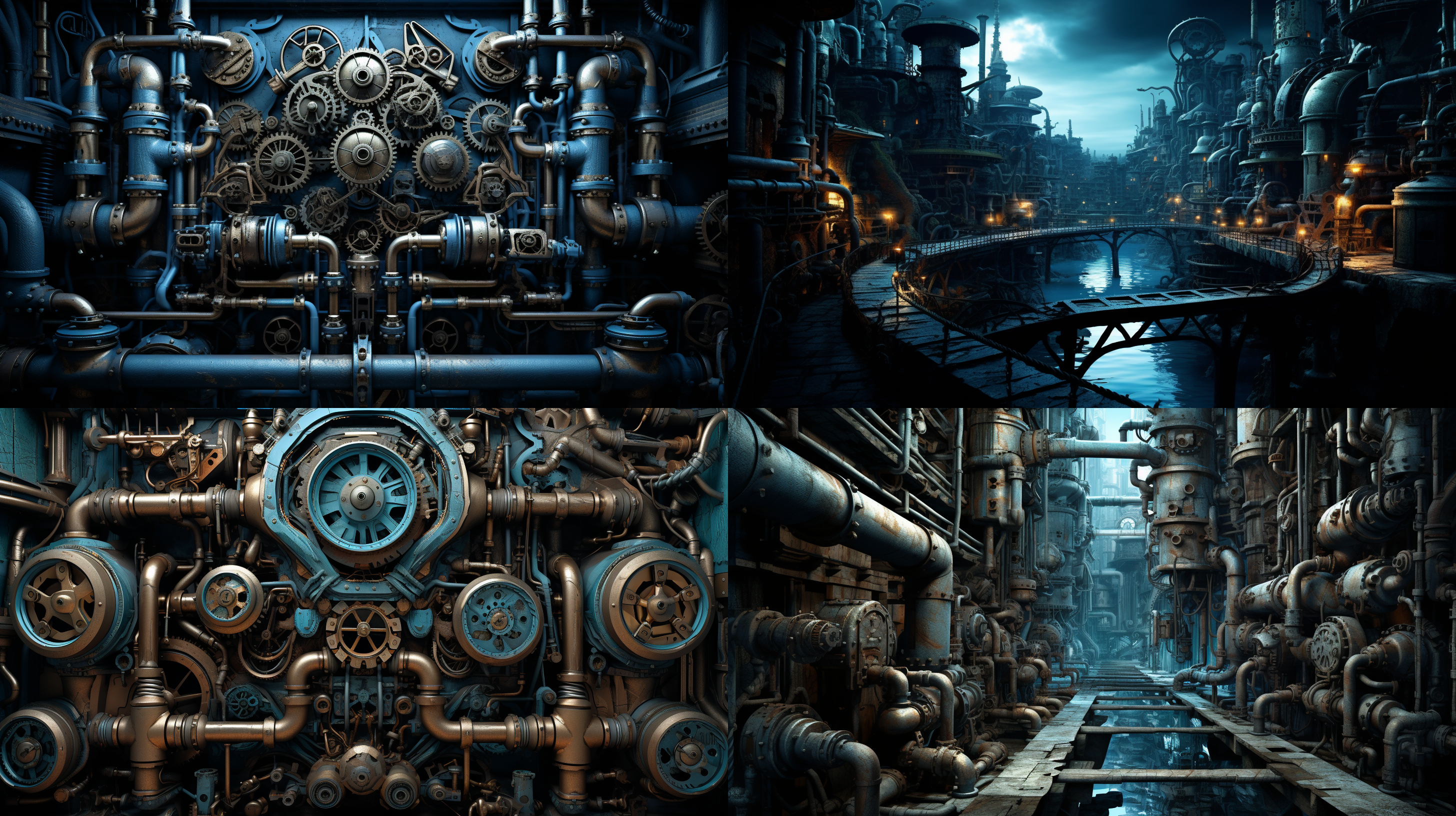 蒸汽朋克风格的城市，金属管道，齿轮，锈迹，机械构造，暗沉内核，高对比度，蓝色调，广角镜头，侧光，复杂构图，细节丰富，紧张。