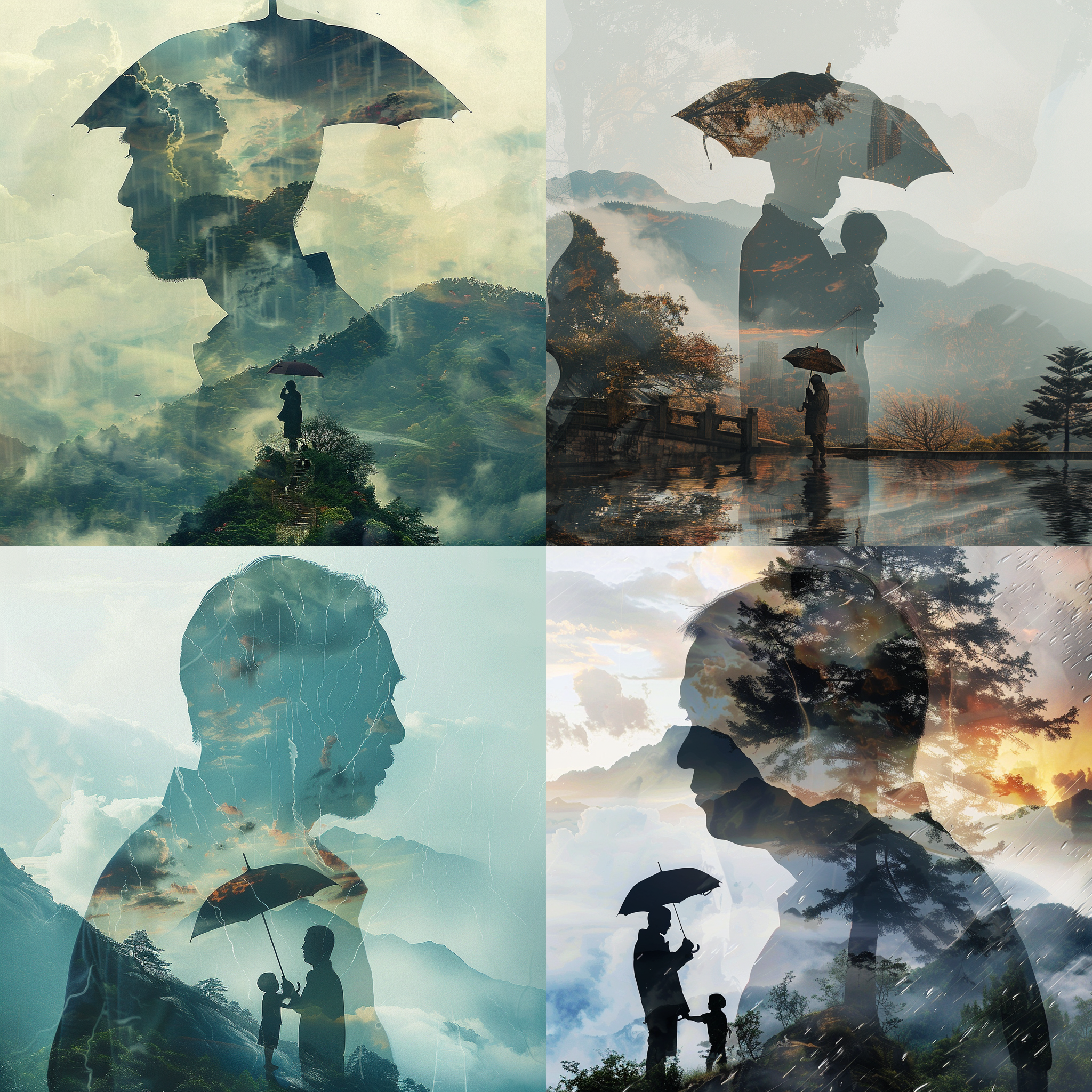 创建一个中国男性剪影与父亲为孩子撑伞结合的超现实多重曝光，父亲高大伟岸，遮风挡雨，亲情温暖，线条清晰，双重曝光，山峰背景，父亲节海报，高品质，32k超高清