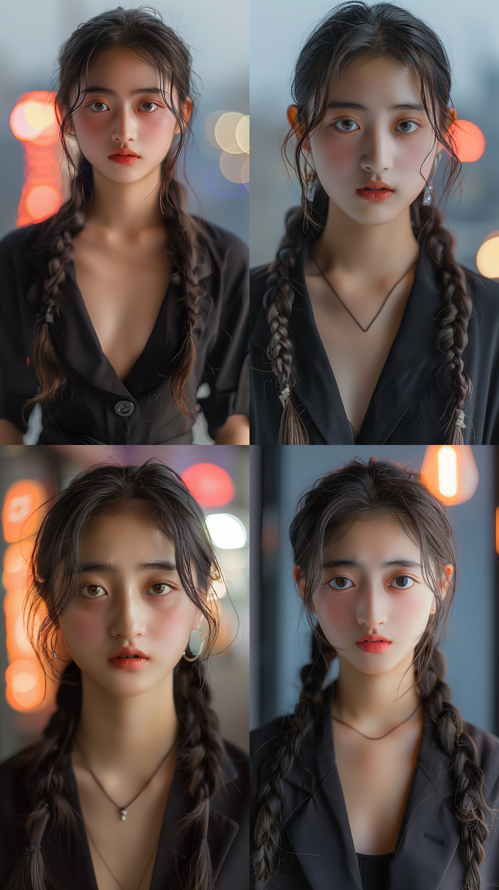 中国女性，黑色西服，现代感，32k画质，城市夜景，侧逆光，长焦镜头，优雅姿态，自信微笑，高级感。