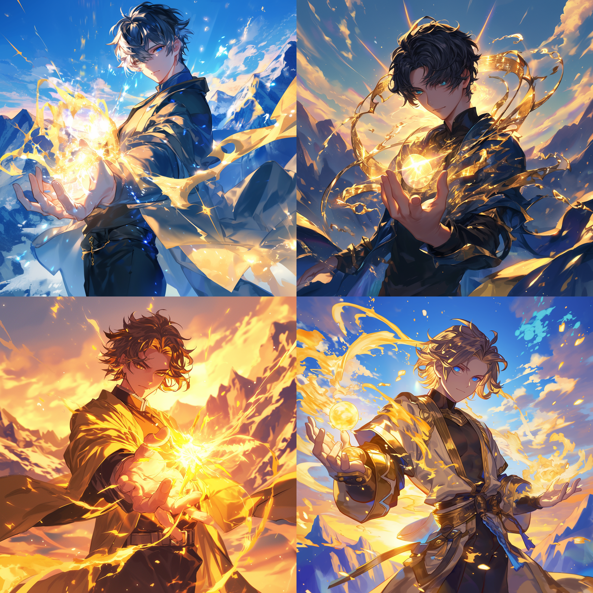 严肃的表情，帅哥，短发，全身金光环绕，，一只手上有治疗术，背景有山，日本动漫风格，完美的细节，蓝光画质，32k，面对镜头，中景视角