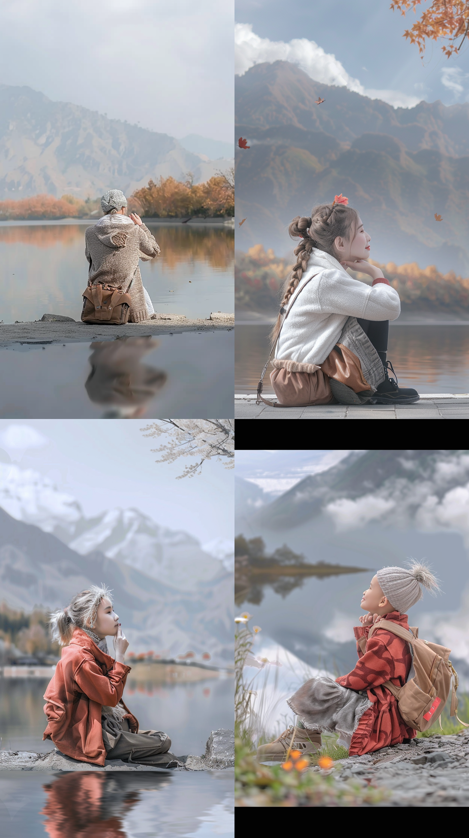 人在湖边，治愈风景，32k画质 湖边静坐，远眺山水，自然光，温暖色调，中景构图，和谐色彩，微笑，放松，清澈水面，细节丰富。