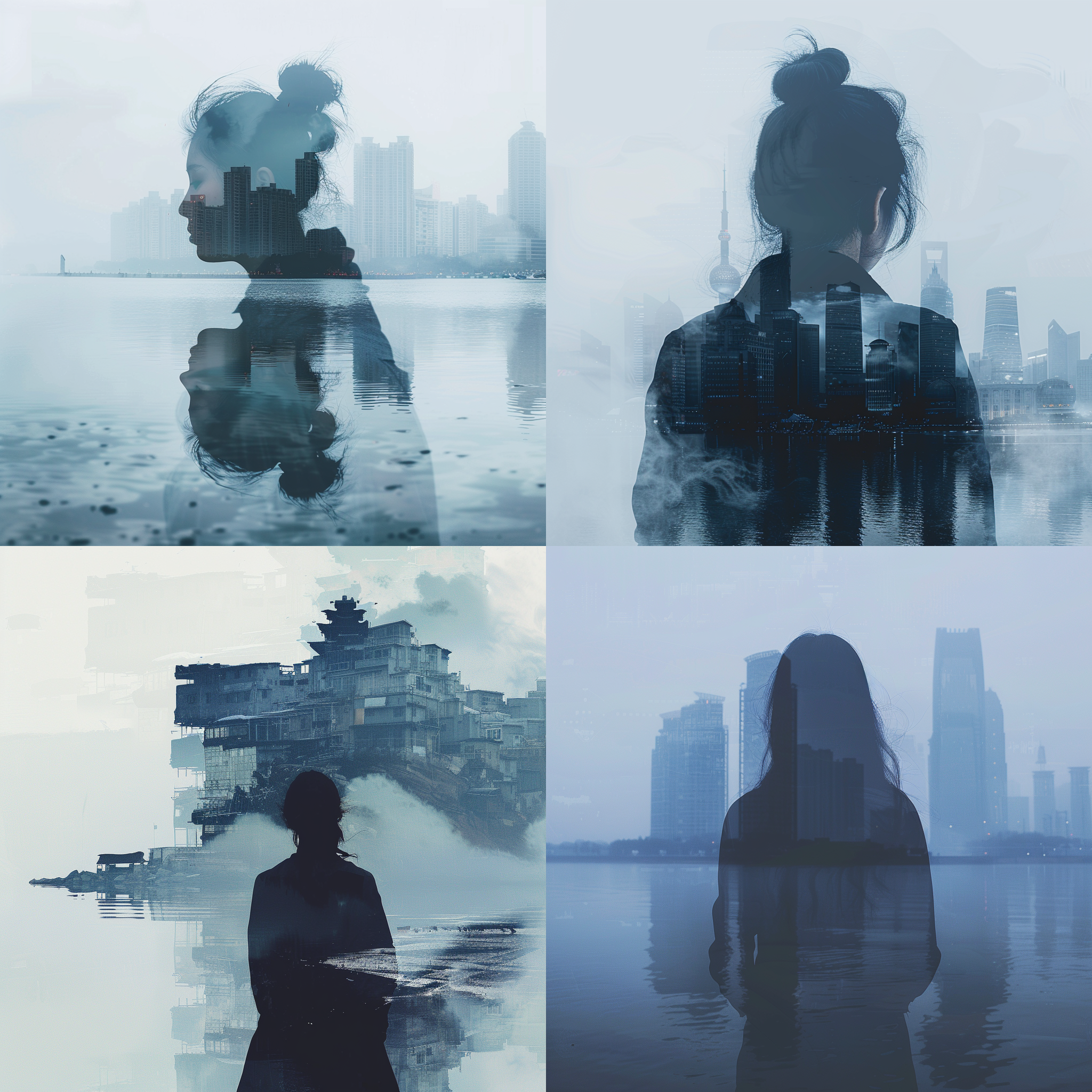 double exposure,a chinese women's back silhouette hidden in white thick fog at shore,background with modern city's cucoloris,dark indigo color,full body camera,movie still shoot,mystery style,super wide angle,hyper-realistic,hyper detailed