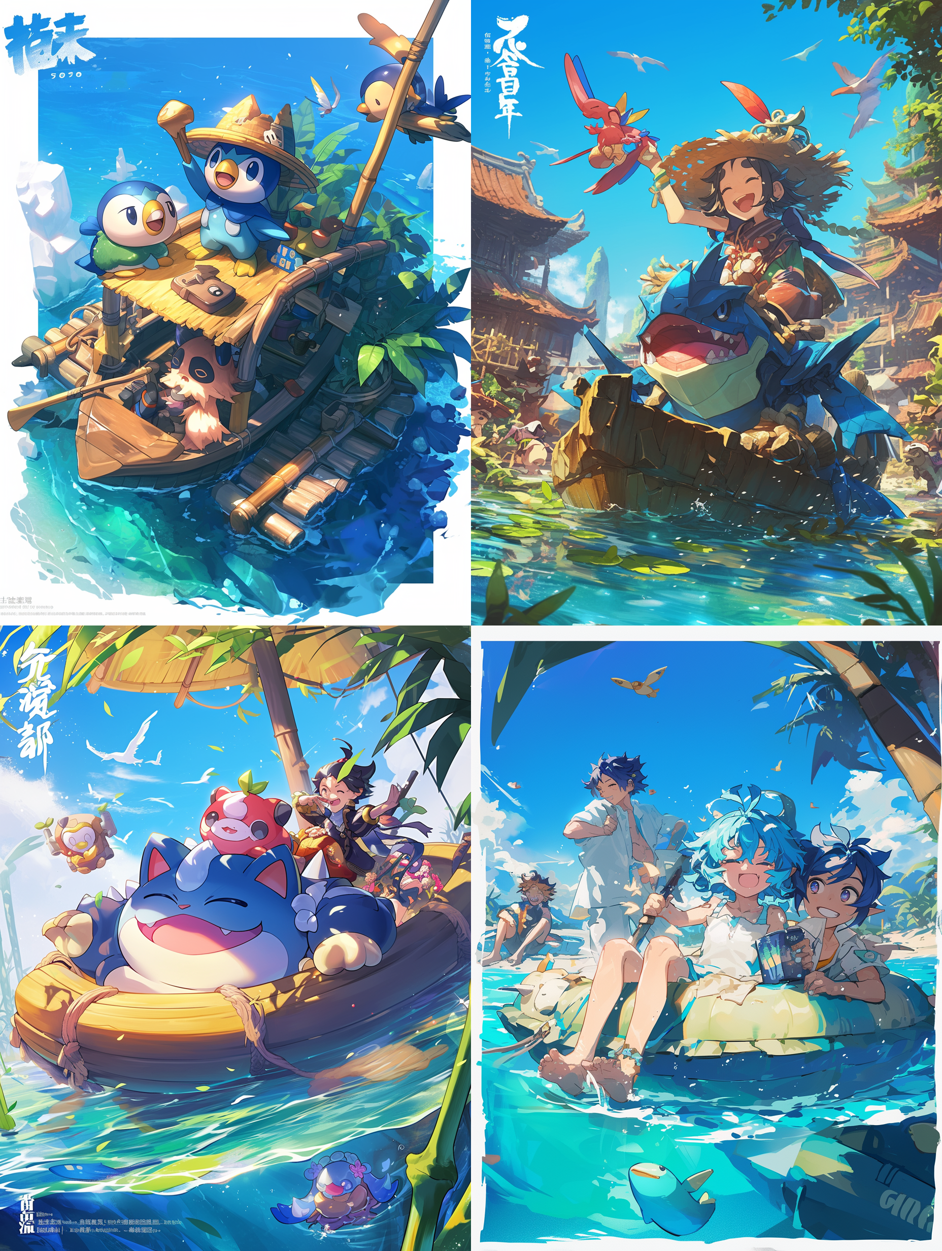 official splash art, sitting in a small bamboo boat, mobile game, laughing groom, without text, pocket monster companion, character is half in the water, chinese text, tribarrel, sugar snow, ultra render, red blue theme, frontpage, adam, root trap, mechabot, white border and background
