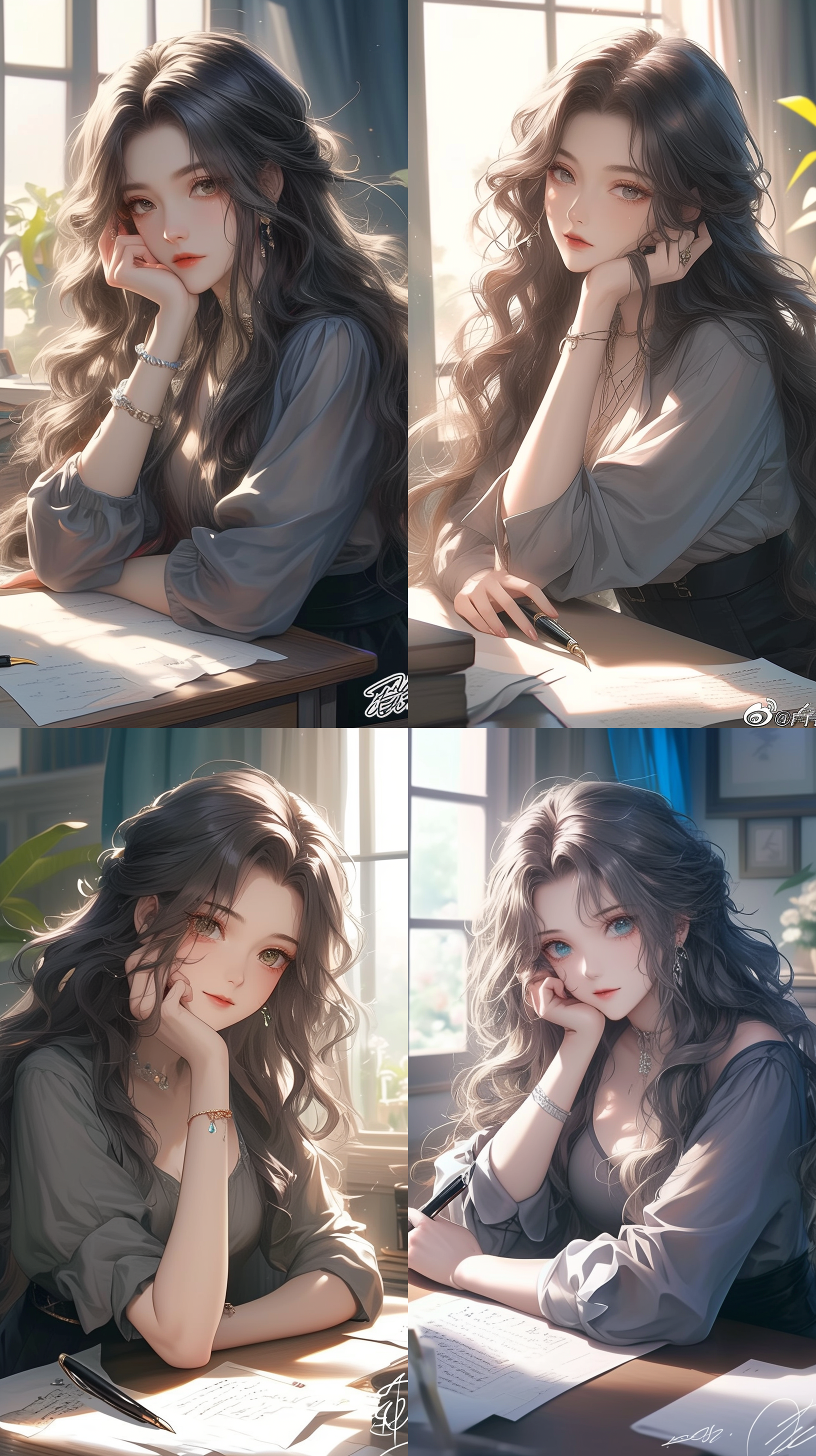 美丽的中国女孩，长长的卷发，五官精致，坐在办公桌前，一只手托着下巴，另一只手拿着一支墨水笔，穿着灰色上衣，黑色裤子，双手佩戴珠宝，动漫风格的阳光透过窗户照在她身上。