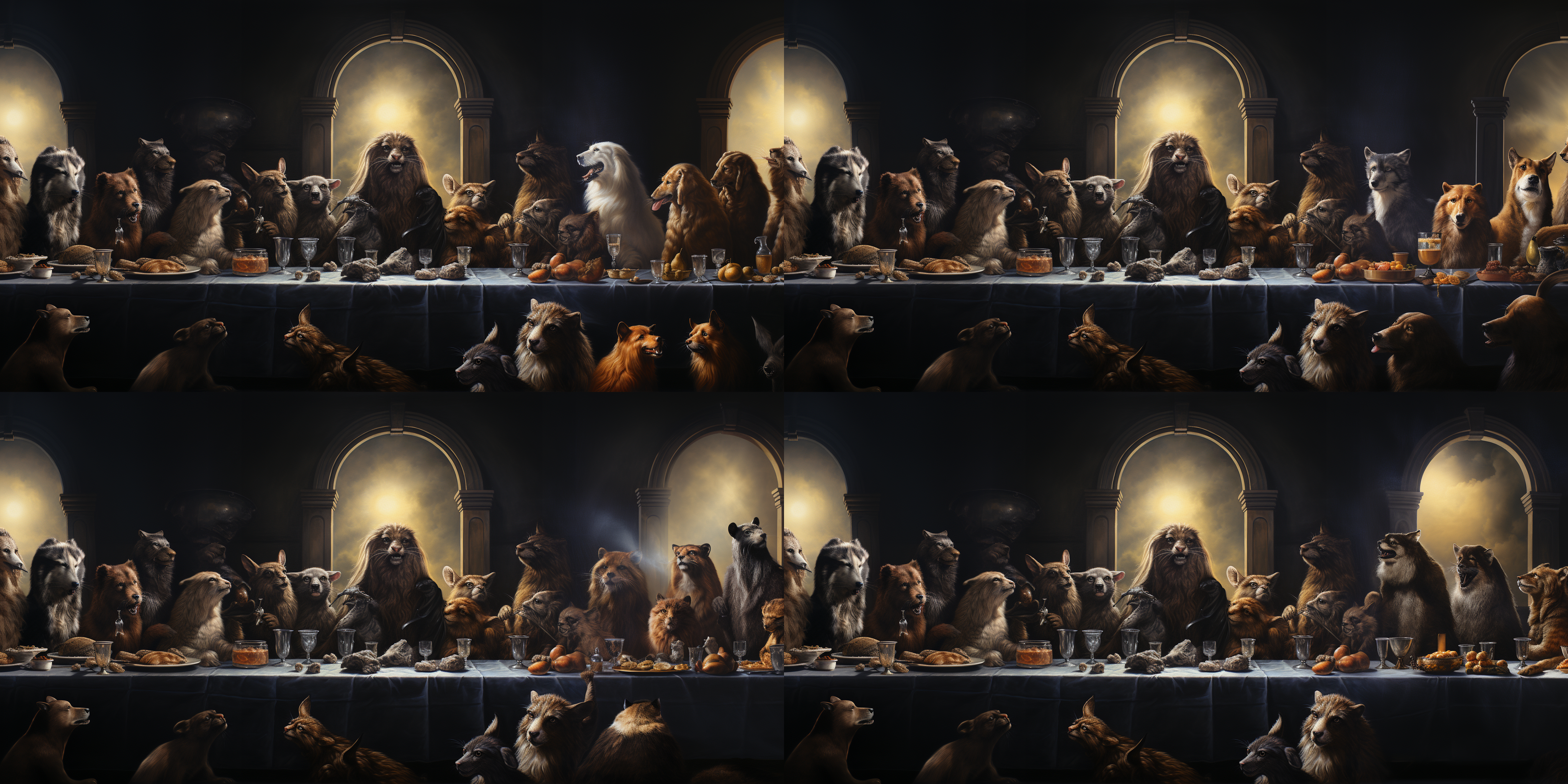 最后的晚餐，画面上是一群动物围坐在长桌旁，它们面对面坐着，一只动物的背影显得孤独。整个场景充满了庄严肃穆的氛围，桌上摆满了各种美食和酒水。明暗对比强烈，色调偏向暖色调，表现出沉重的情感。油画风格，静态，室内，长焦镜头，侧光，凝视，忧郁。