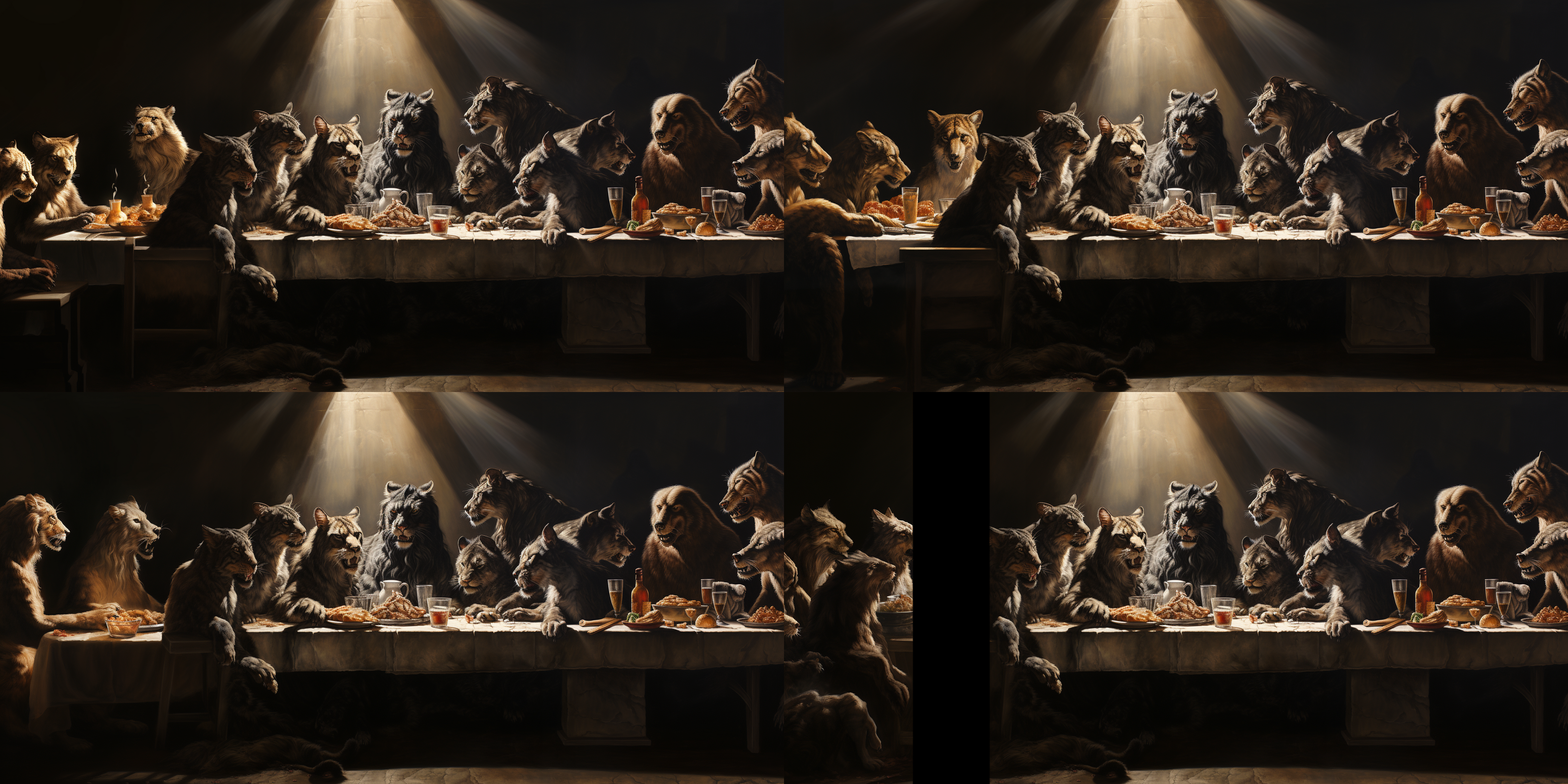 最后的晚餐，画面上是一群动物围坐在长桌旁，它们面对面坐着，一只动物的背影显得孤独。整个场景充满了庄严肃穆的氛围，桌上摆满了各种美食和酒水。明暗对比强烈，色调偏向暖色调，表现出沉重的情感。油画风格，静态，室内，长焦镜头，侧光，凝视，忧郁。