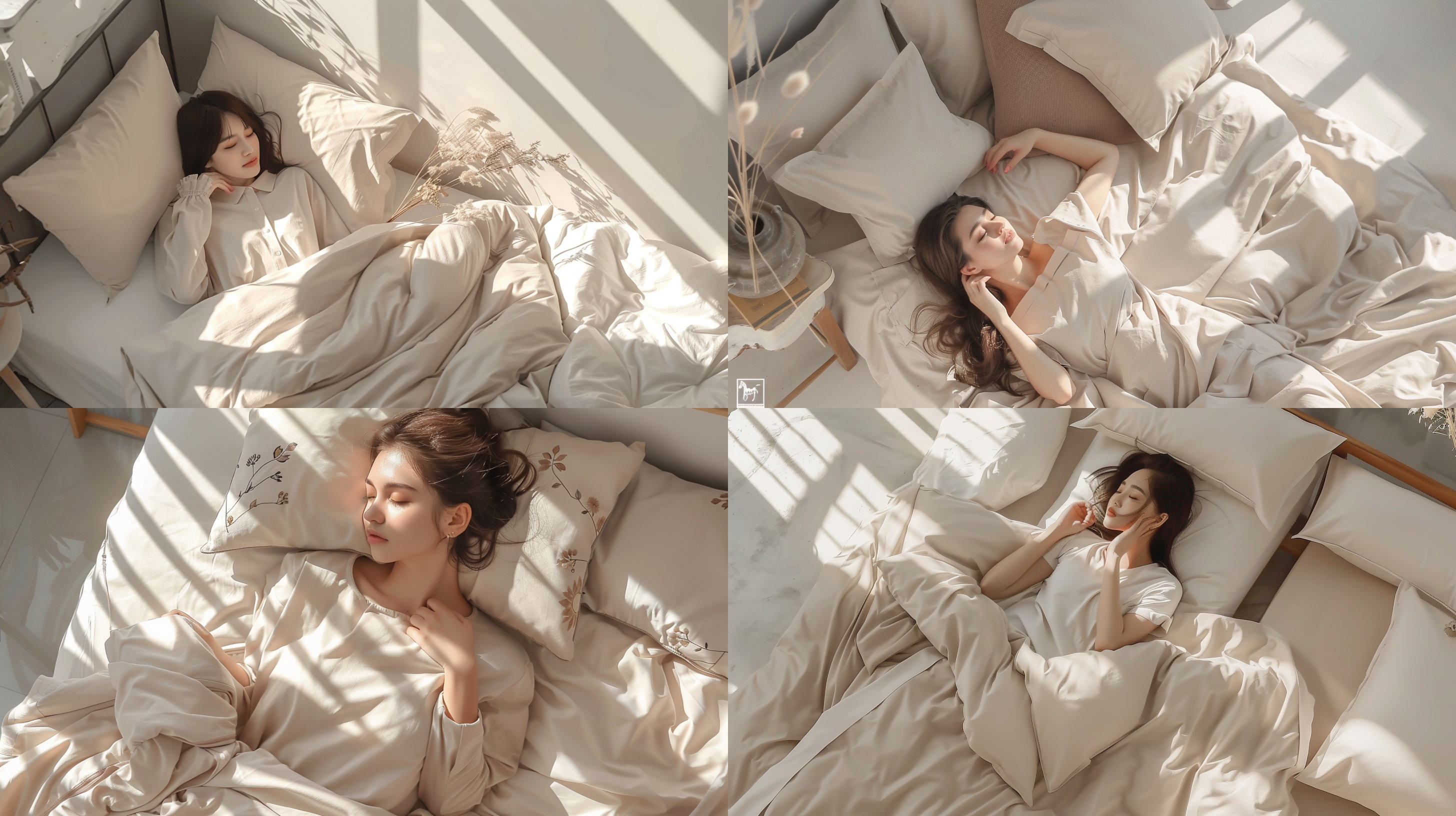 美国女人躺在床上，阳光透过窗户洒在她身上，她闭着眼睛微笑。床单上有淡淡的花纹。明亮而温暖的色调，柔和的光线，垂直构图，放松。