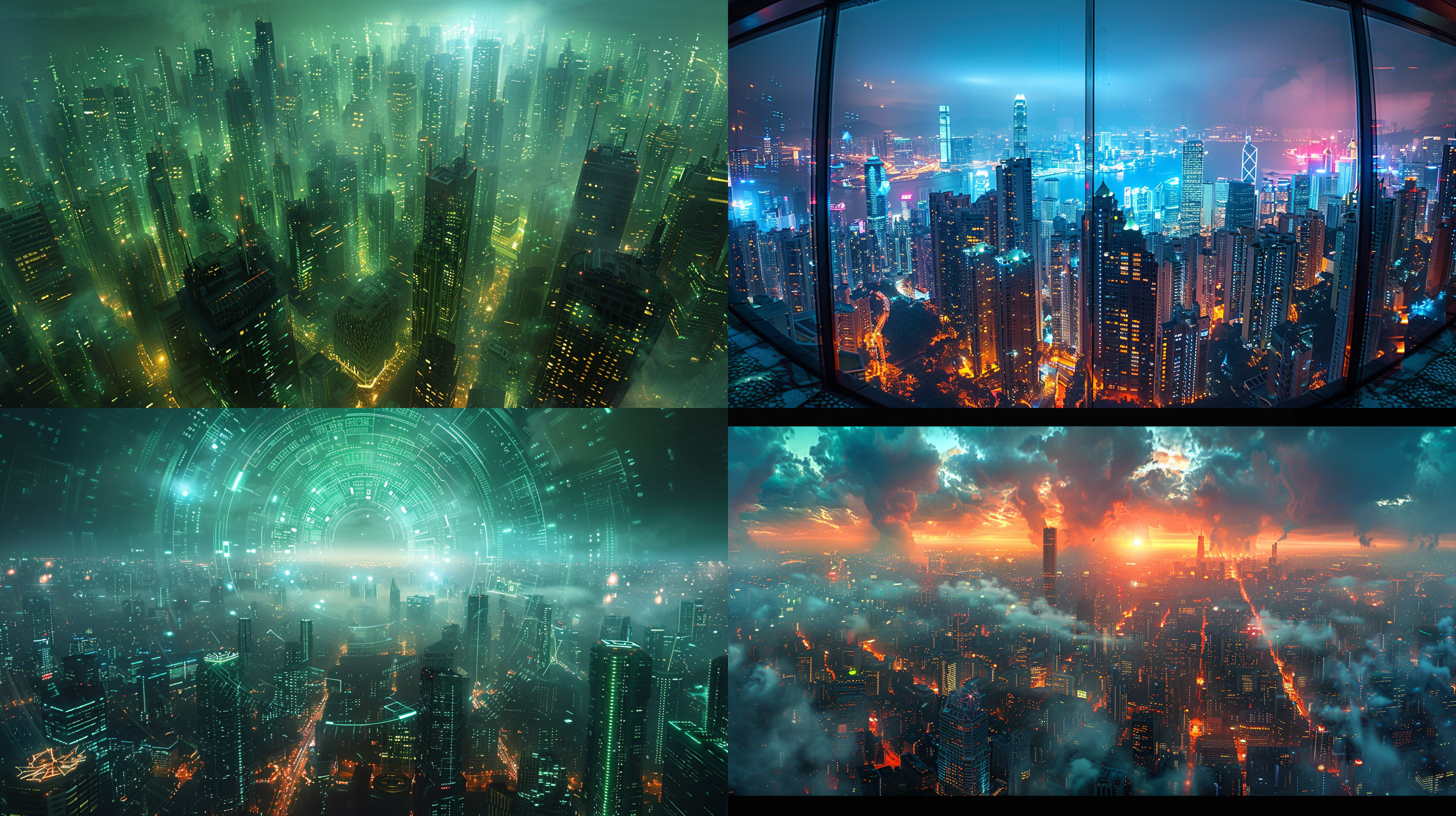 未来科技背景，城市天际线，霓虹灯，高楼大厦，夜晚，蓝绿色调，鱼眼镜头，流动效果，技术元素，未来感，兴奋。