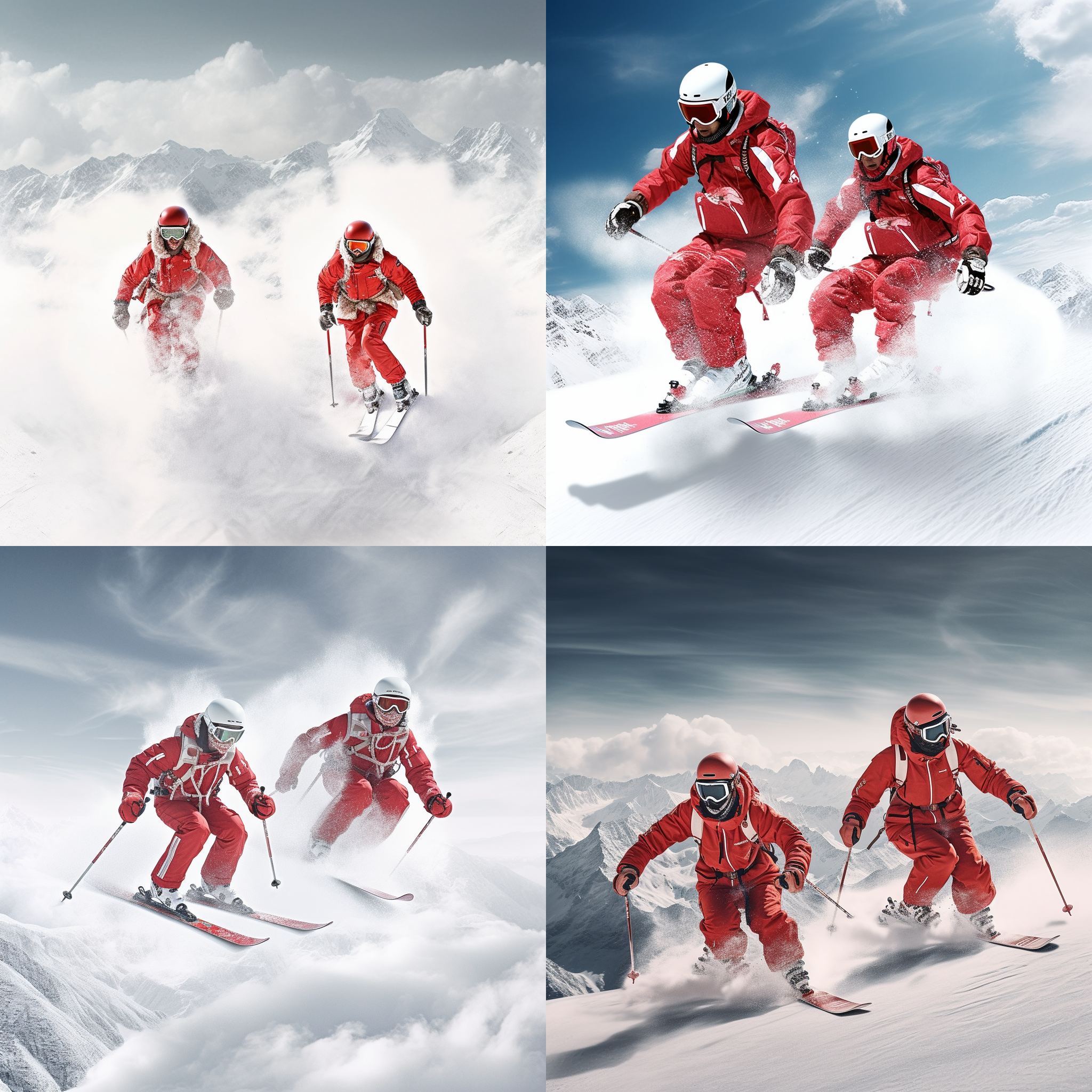 红衣双板滑雪少年，中国风雪山背景，宽广的构图，细节的天空，电影级画面，摄影写真，超清渲染，雪地运动，自然光，动感表情，高速快门，寒冷气息，红色衣物，兴奋情绪。