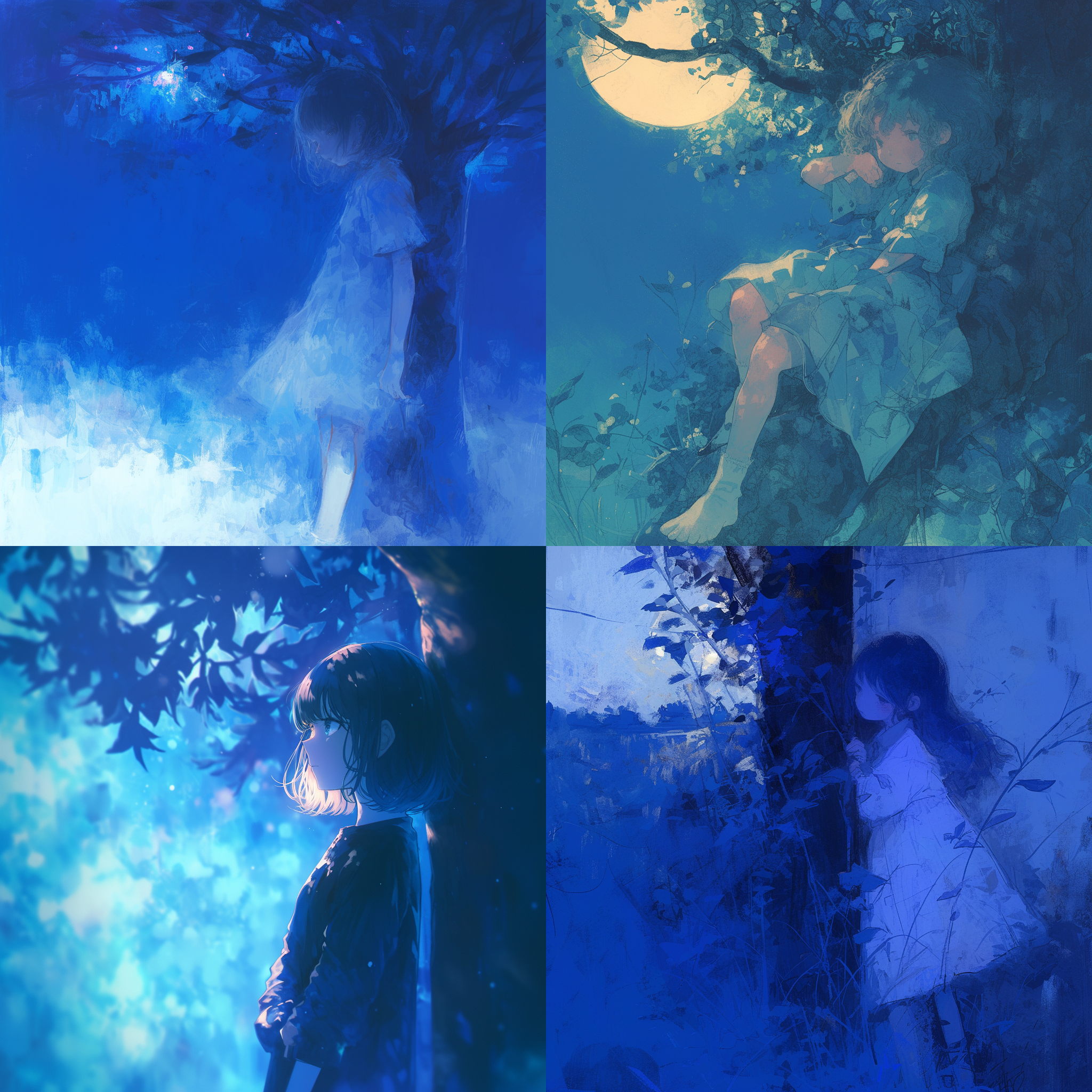 小女孩，月光下，孤单，夜晚，朦胧，室外，柔和光线，蓝色调，侧逆光，倚着树，眺望，思索。