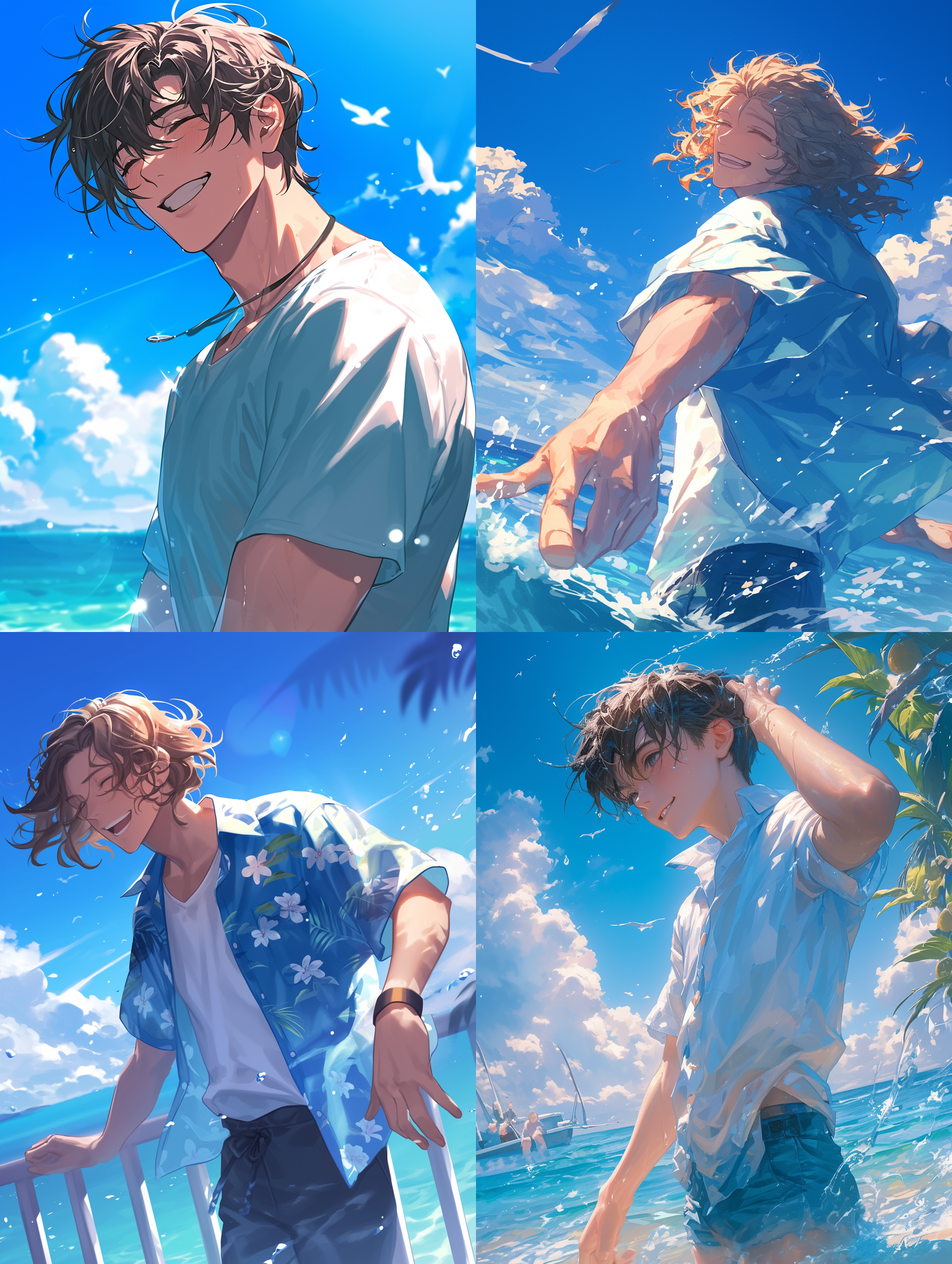 男主穿着休闲夏季服装，与反派对峙，阳光明媚海边，笑容满面，动作夸张，镜头特写，蓝色调，快门速度快，戏剧性，欢乐。