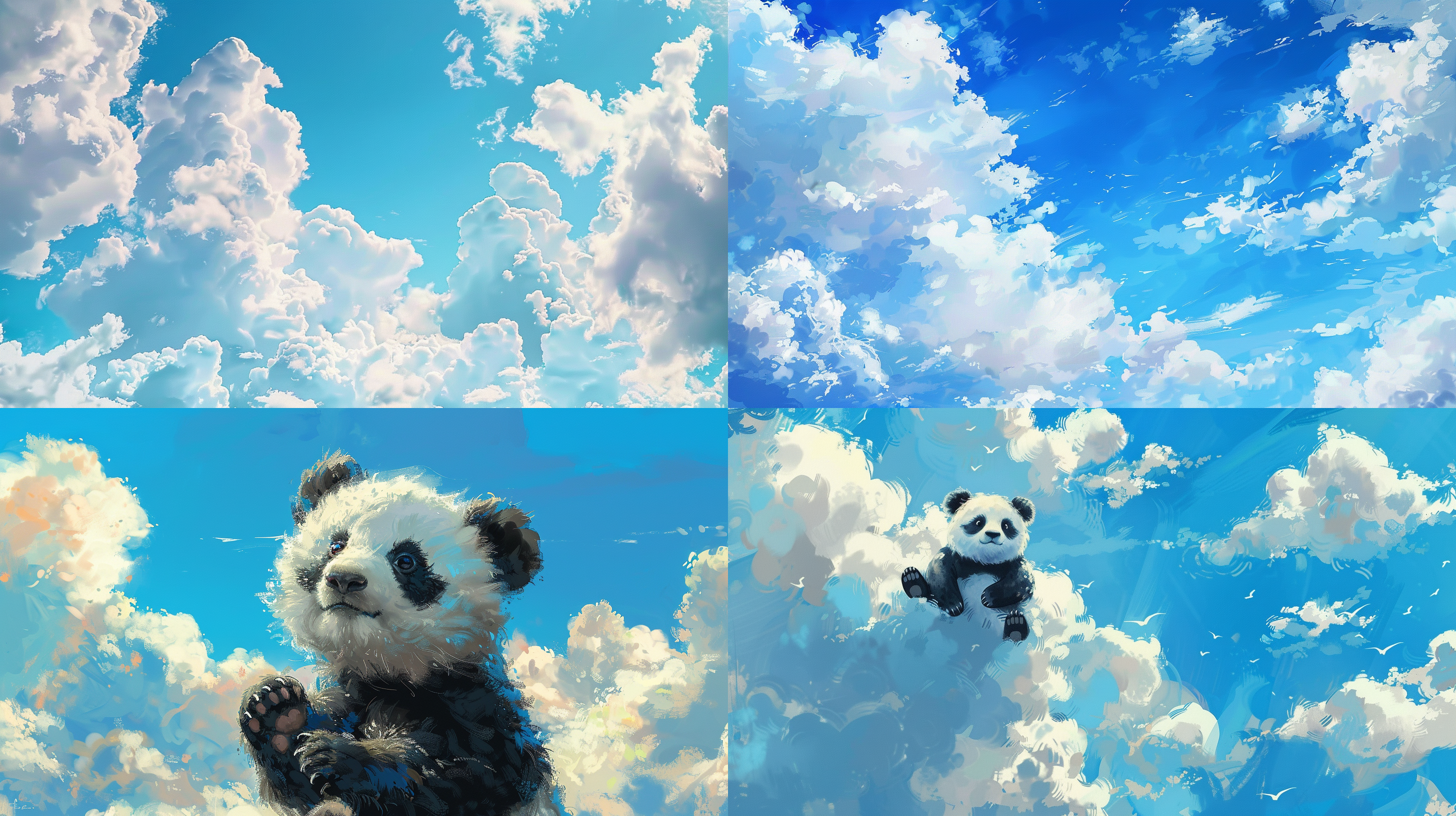 silly panda, like clouds in the blue sky and white clouds, monet painting style, featured view, high quality, 4k,
