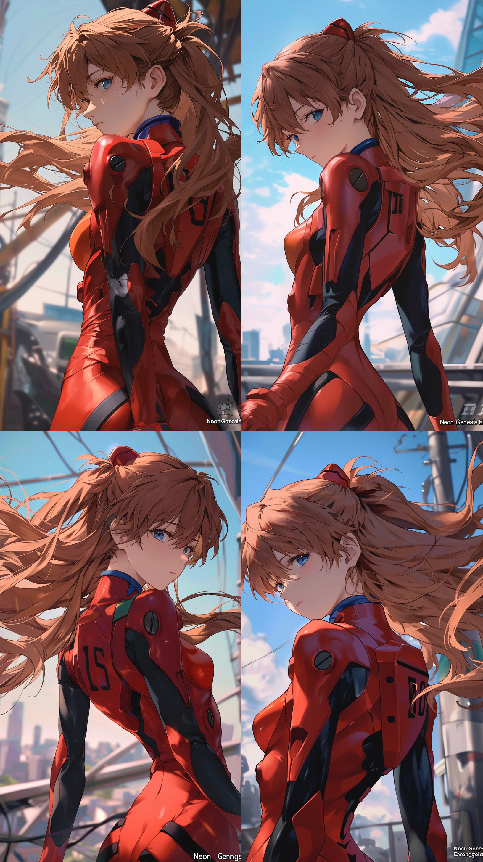 《新世纪福音战士》中苍龙明日香·兰利的详细动漫风格肖像，穿着她标志性的红黑飞行服，棕色长发扎成辫子，蓝眼睛，站在城市背景下。这个场景捕捉到了她回头看着镜头外的东西的瞬间，增加了构图的深度。她表情坚定，反映出她坚强的性格。肖像画采用动漫风格。