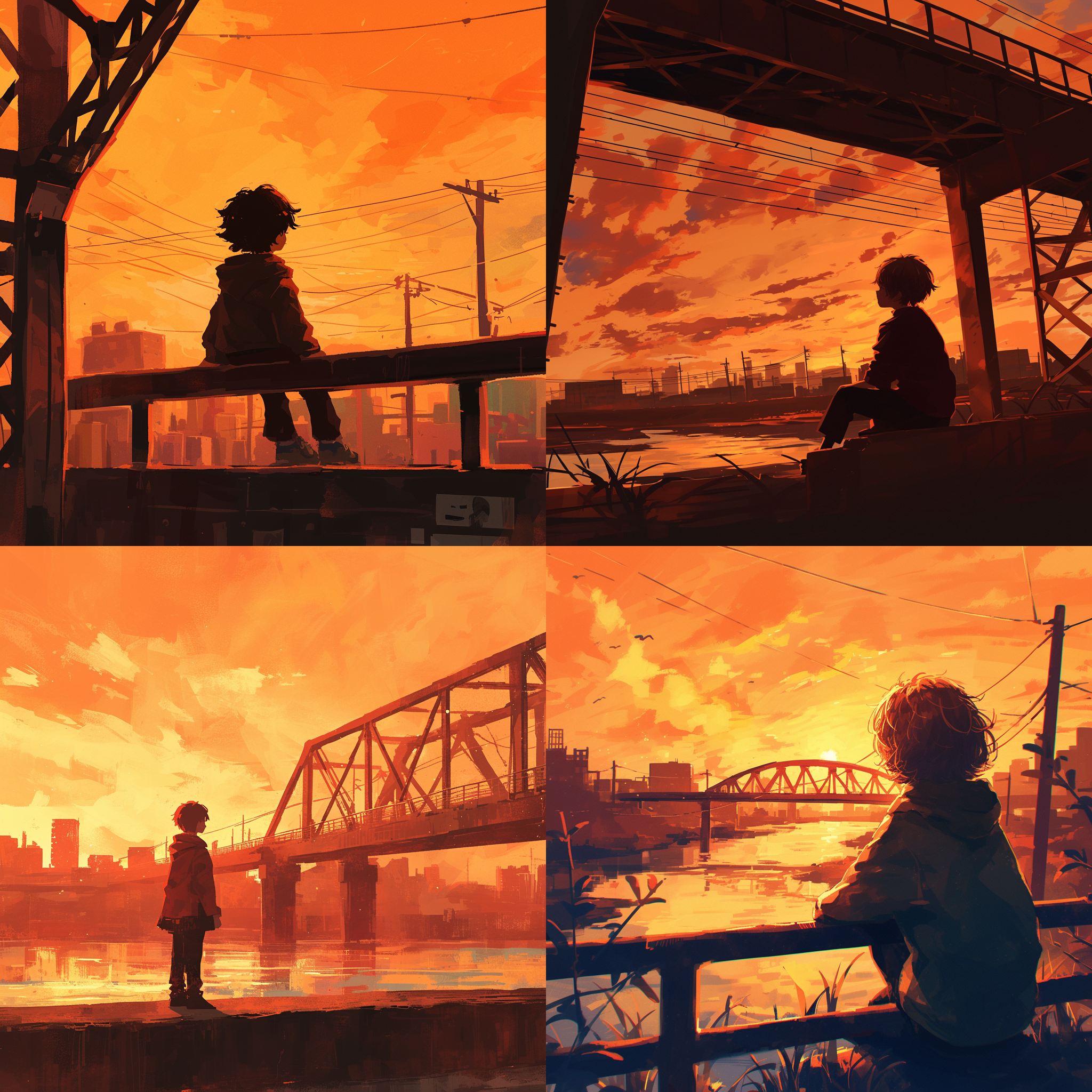 小男孩，大桥，夕阳，孤独，凝望，背影，城市风景，侧逆光，温暖色调，长焦镜头，远景，思考，宁静。