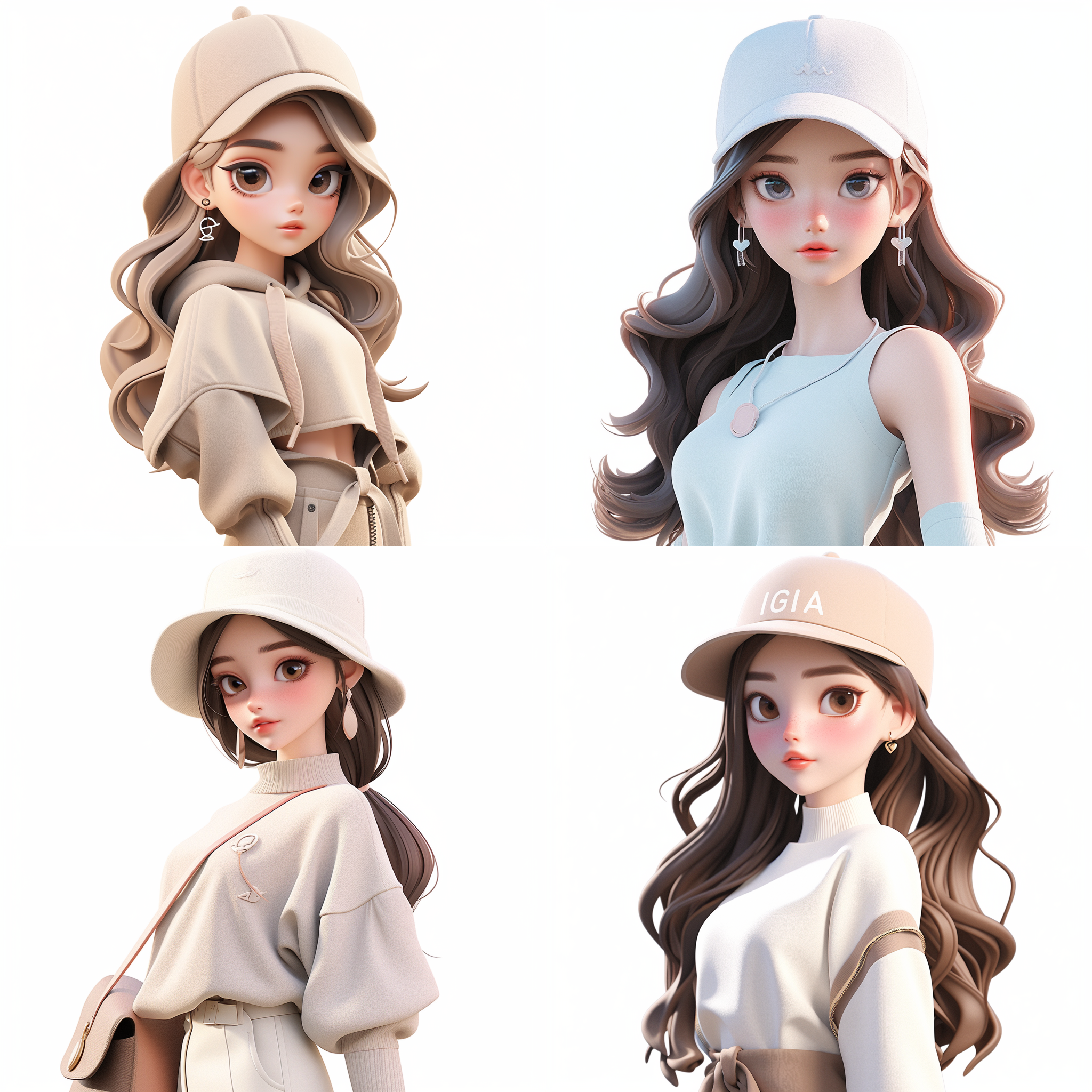 为我制作头像：白色背景，3d卡通风格女孩，全身，精致的脸部，带鸭舌帽，夏季潮流时尚服装，泡泡玛特配色，上半身，由pop mart制作，光滑细腻，黏土材料，辛烷值渲染，超细节，8k,