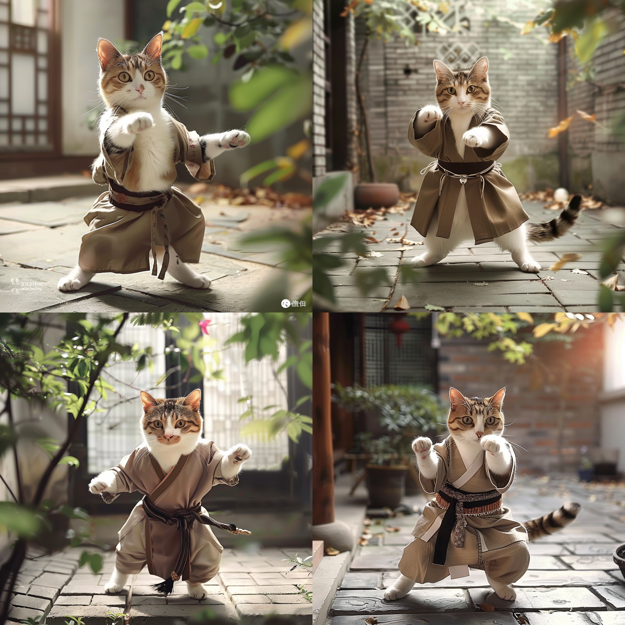 功夫猫，站在古老的中国庭院里，身穿传统武术服装，展示出高超的功夫技艺。背景是一片青砖灰瓦，阳光透过树叶洒落在地面上。肌肉线条明显，眼神凝重。,庭院，传统服装，武术，阳光，青砖，肌肉线条，凝重。