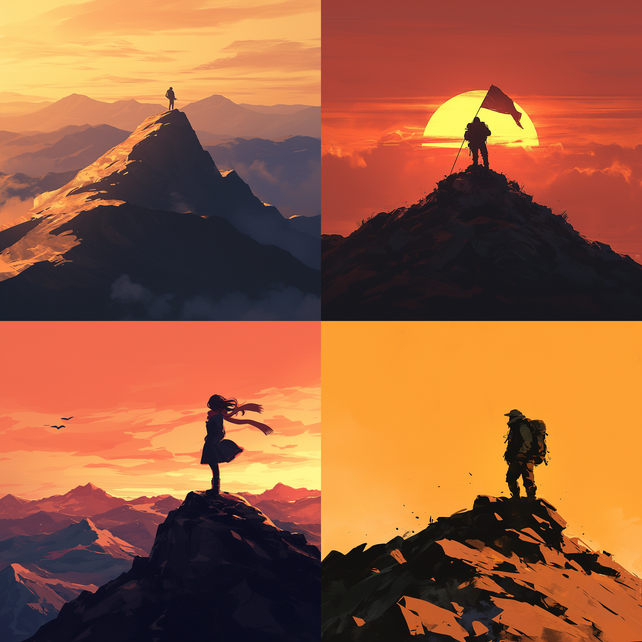 孤独自由，登山者，山巅，剪影，日落，长焦镜头，暖色调，迎风，孤独，自由。