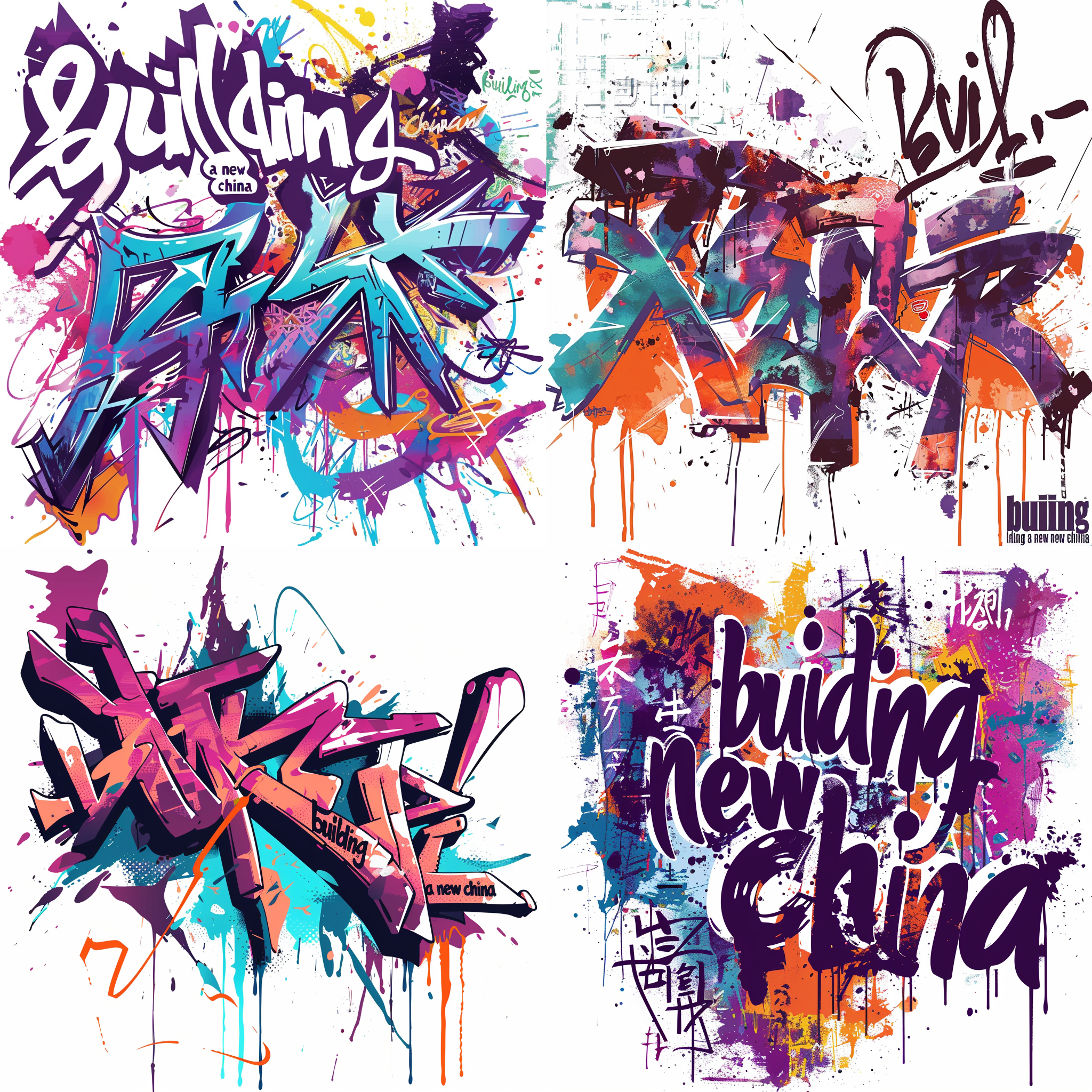 imagine prompt a graffiti png image with“building a new china”writing on it.the word building a new china.purple.blue.orange.no background.