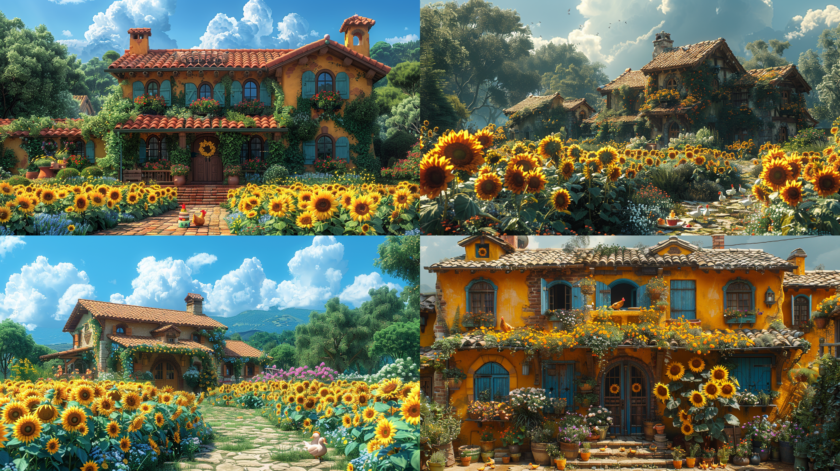 一个农家田舍，花草，院子中，一群牲畜，鸡，鸭，院子中，向日葵，一个小女孩，手捧生日蛋糕，一位男孩：：，吃着长寿面，笑容温暖，治愈，画面温馨