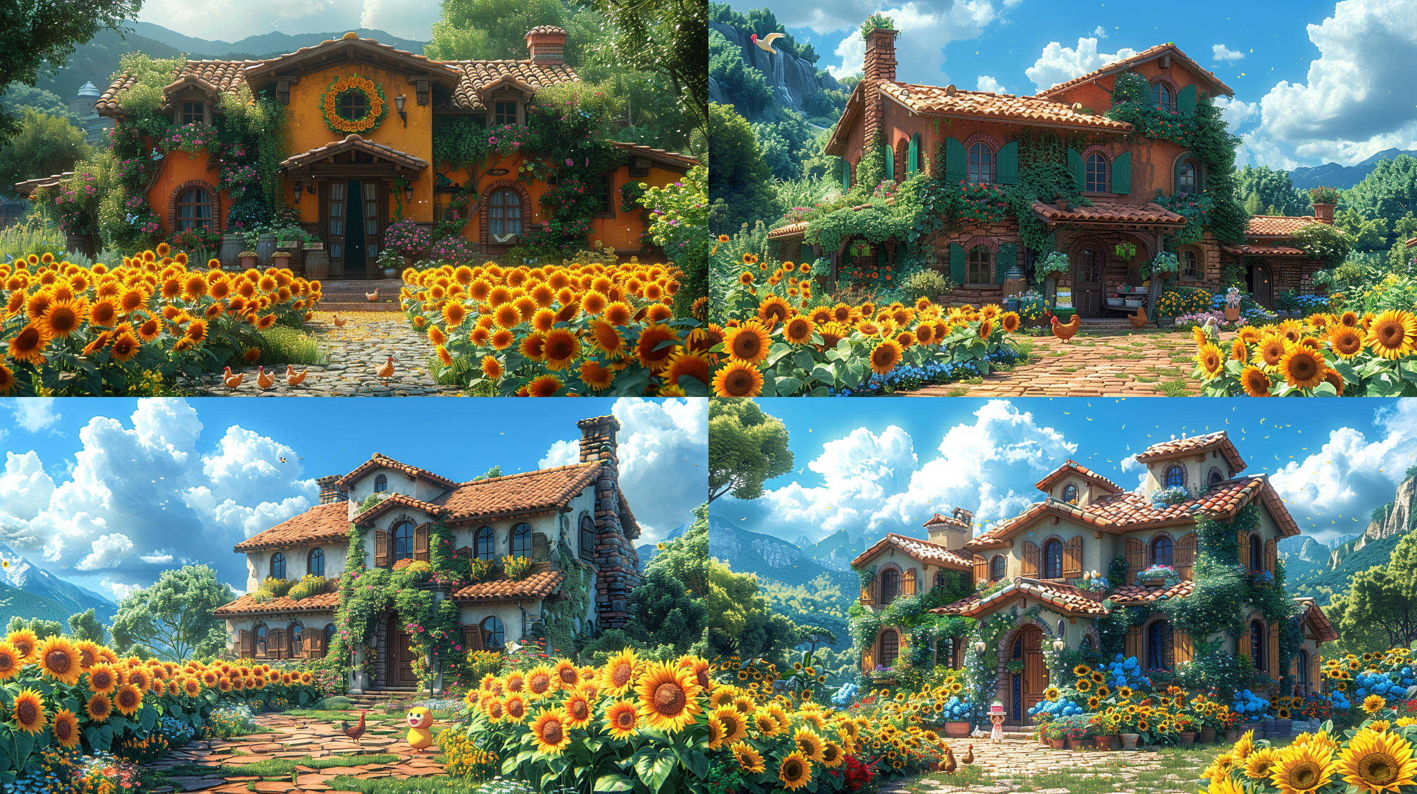 一个农家田舍，花草，院子中，一群牲畜，鸡，鸭，院子中，向日葵，一个小女孩，手捧生日蛋糕，一位男孩：：，吃着长寿面，笑容温暖，治愈，画面温馨