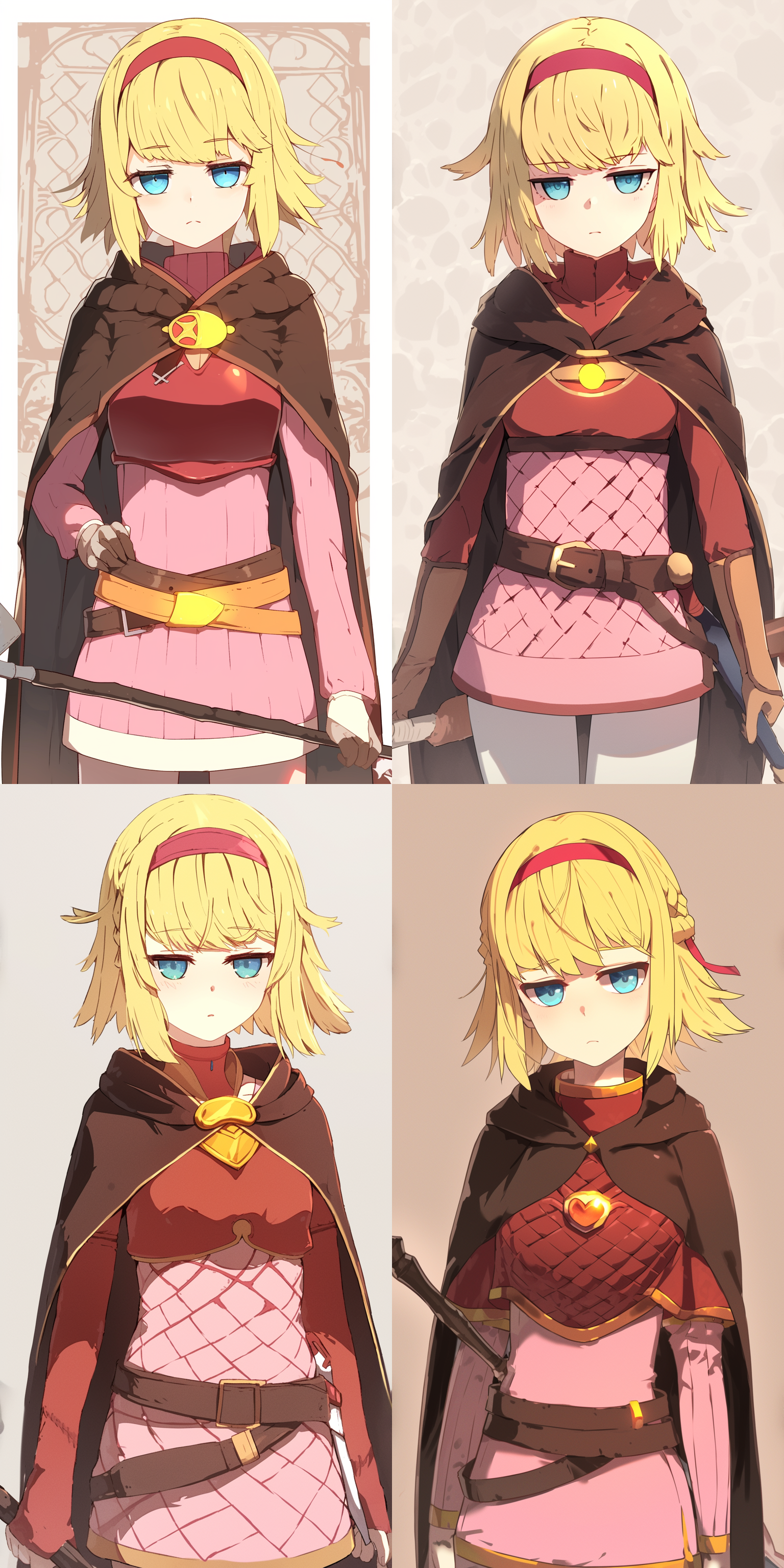 年龄16岁，个子较矮，无辫子，是五官端正有气质的金色短发美丽少女，头上戴着发箍，蓝色的眼睛，冒险者有披风的衣服，手持法杖，如同娃娃般无表情可爱的脸