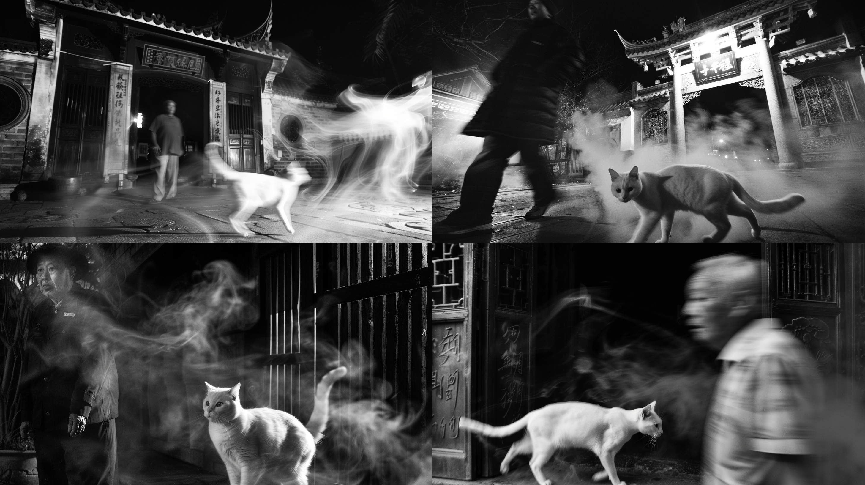 夜晚中式老小区大门，白猫疾驰，黑烟紧随，门卫室老大爷惊讶表情，动态模糊，低光环境，冷暖对比，长曝光，快门优先，神秘氛围，黑白灰调，紧张追逐。