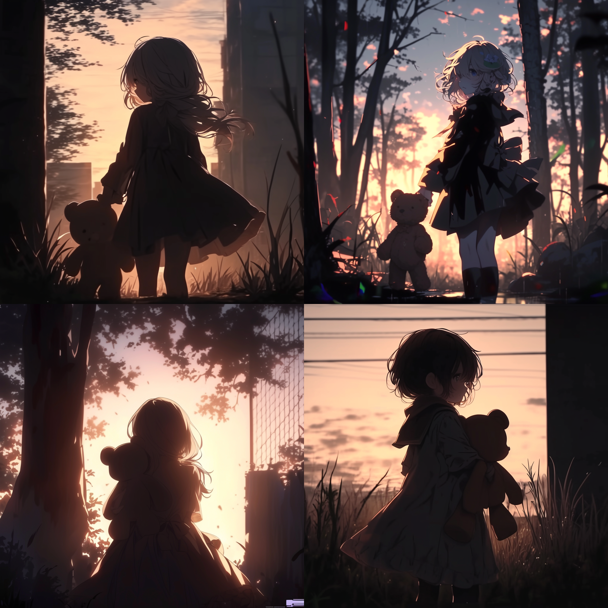 小女孩哭泣，树林中，日落余晖，背影，素颜，花裙，抱着玩具熊，情绪低落，温暖色调，长焦镜头，自然光，静态，悲伤。